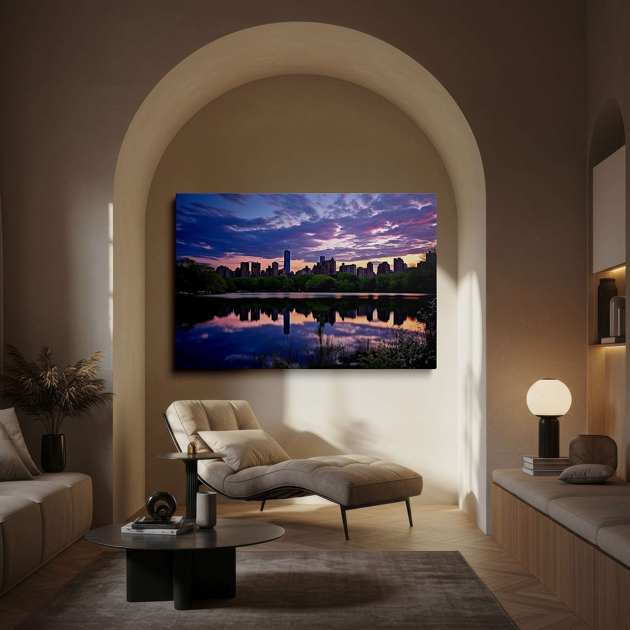 Balanced between two tall indoor plants near a window — central park dusk - a tranquil fusion of natural and city grace large wall art, canvas wall art, wall decor, office wall art, bedroom wall art, living room art