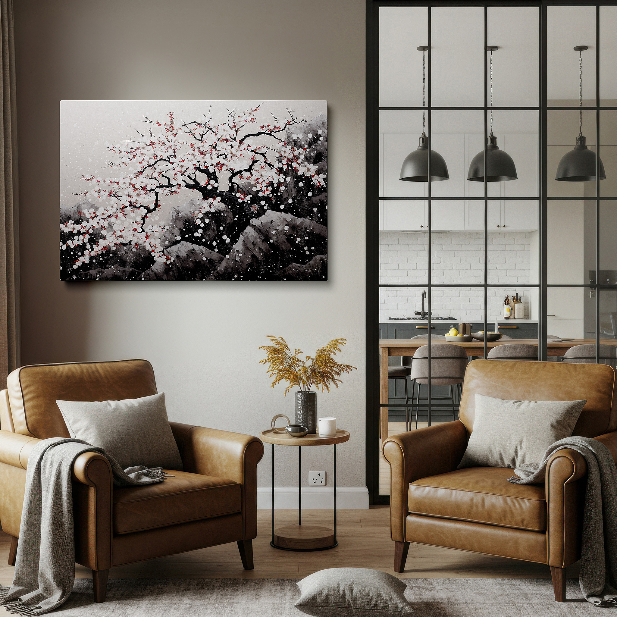 Balanced between two tall indoor plants near a window — cherry blossoms and snow-capped mountains large canvas wall art for office and bedroom decor