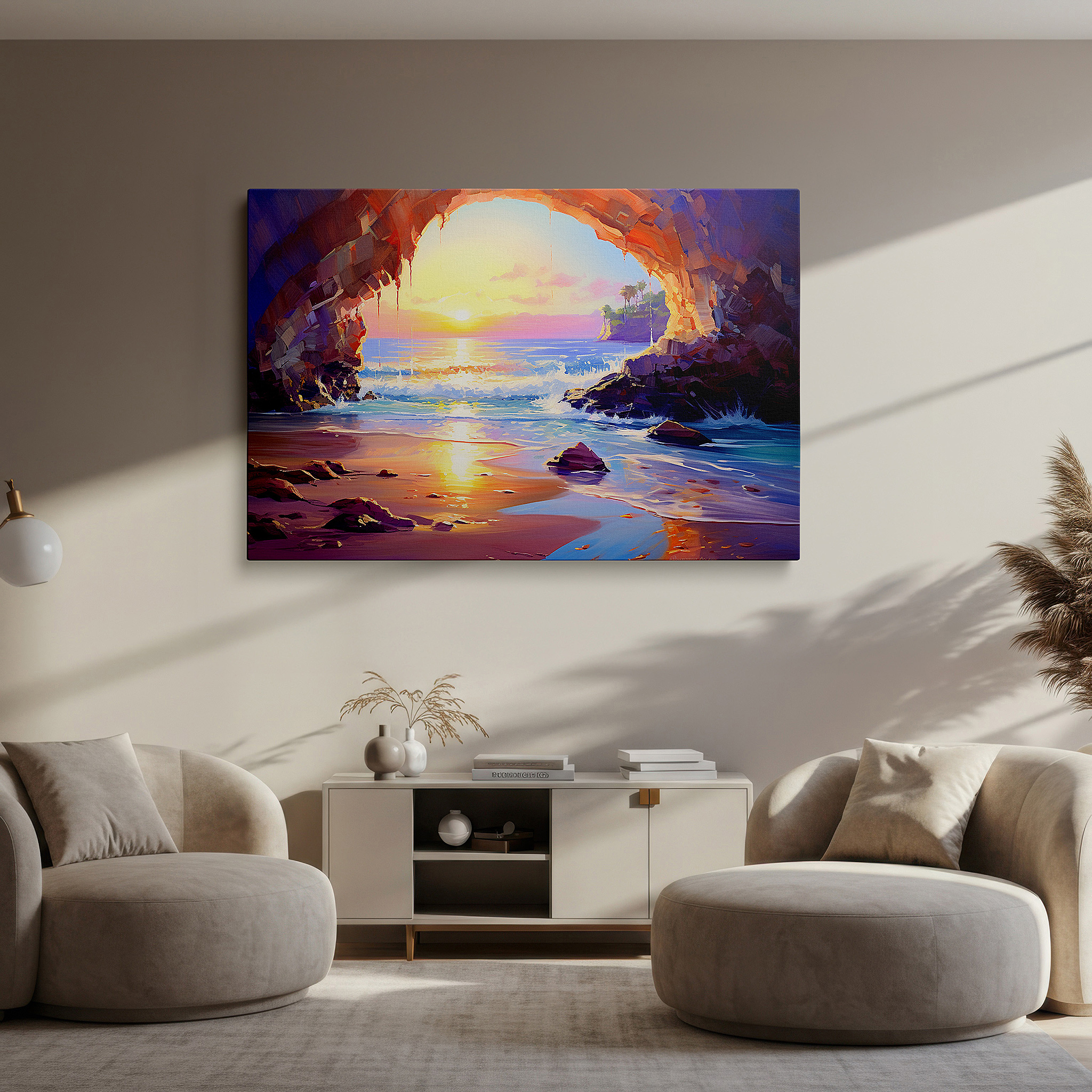 Balanced between two tall indoor plants near a window — coastal cavern's golden glow: majestic archway where ocean meets rock - large canvas wall art for office and bedroom decor