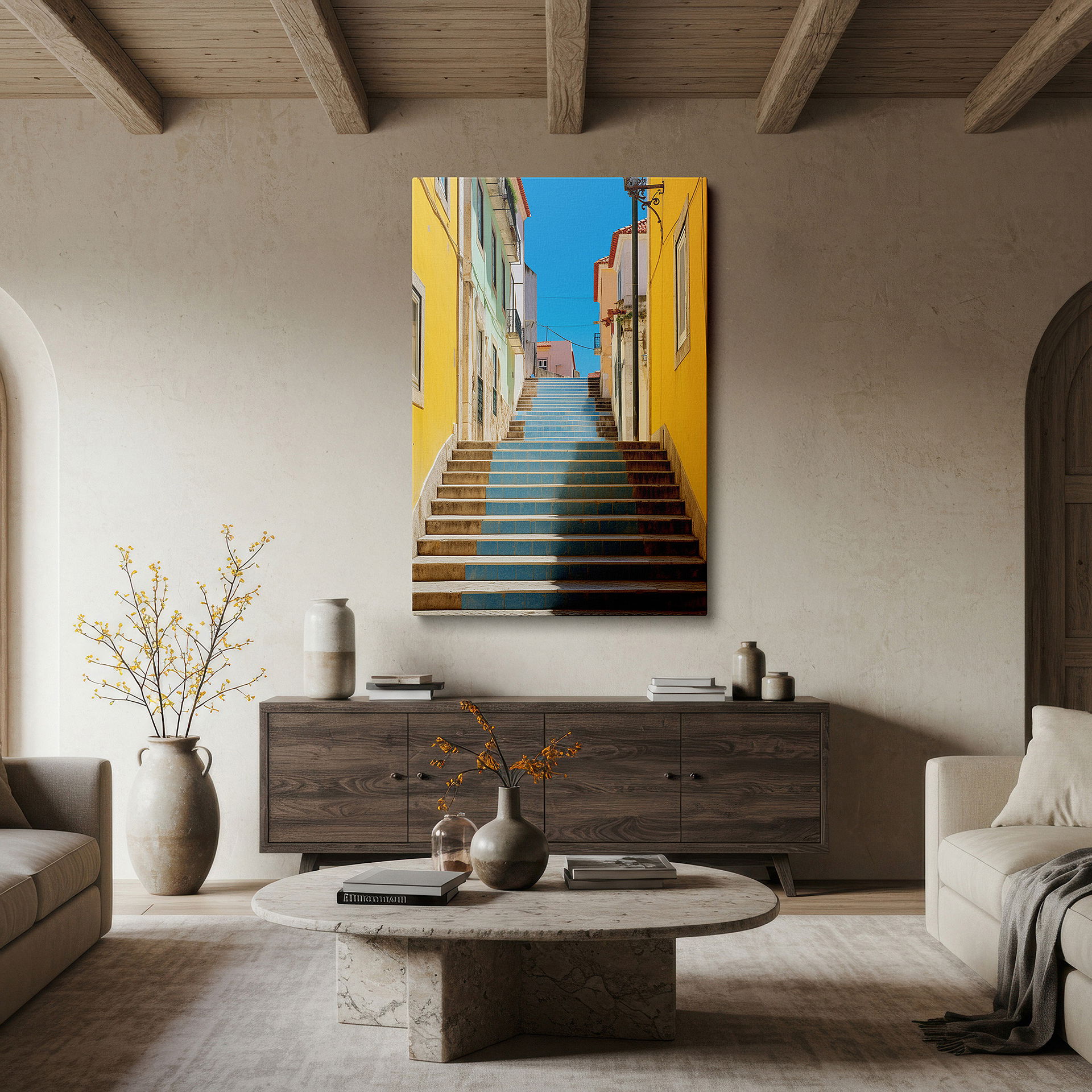 Balanced between two tall indoor plants near a window — colorful stairway in a charming european alley, surrounded by vibrant buildings under a clear blue sky - large wall art, canvas wall art, wall decor for office