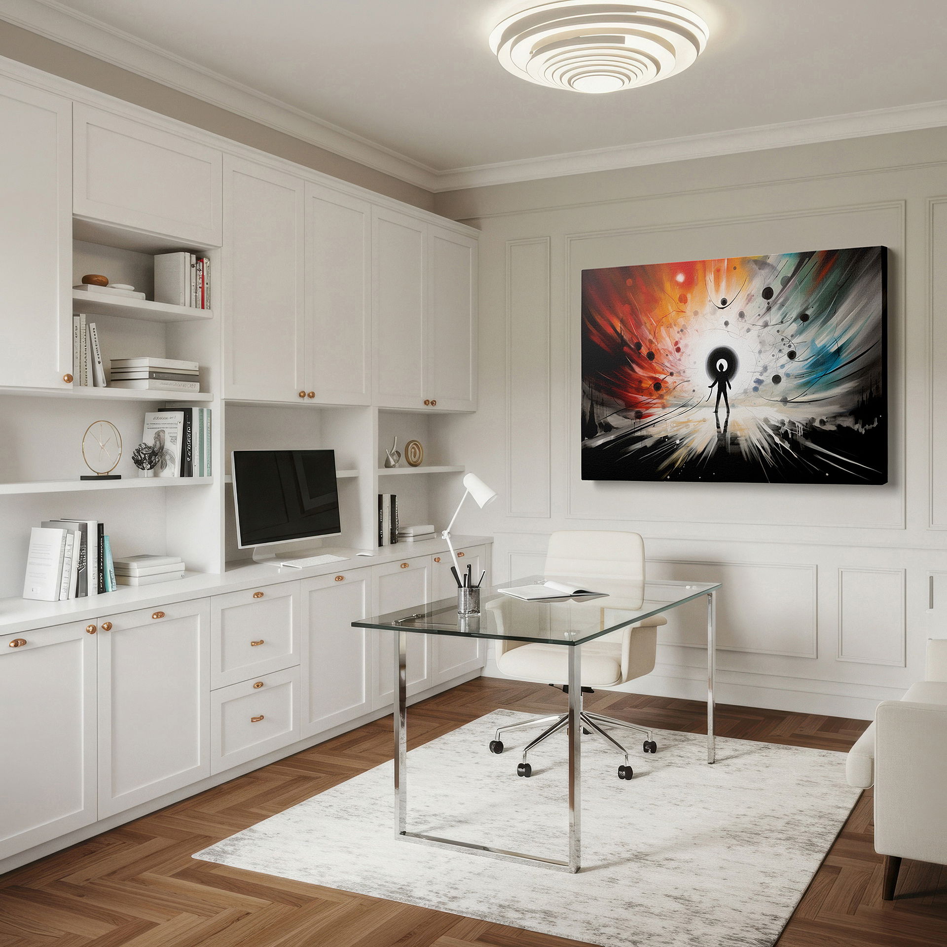 Balanced between two tall indoor plants near a window — cosmic dance of colors: exploring human potential through abstract imagery - large canvas wall art for office, living room, and bedroom decor