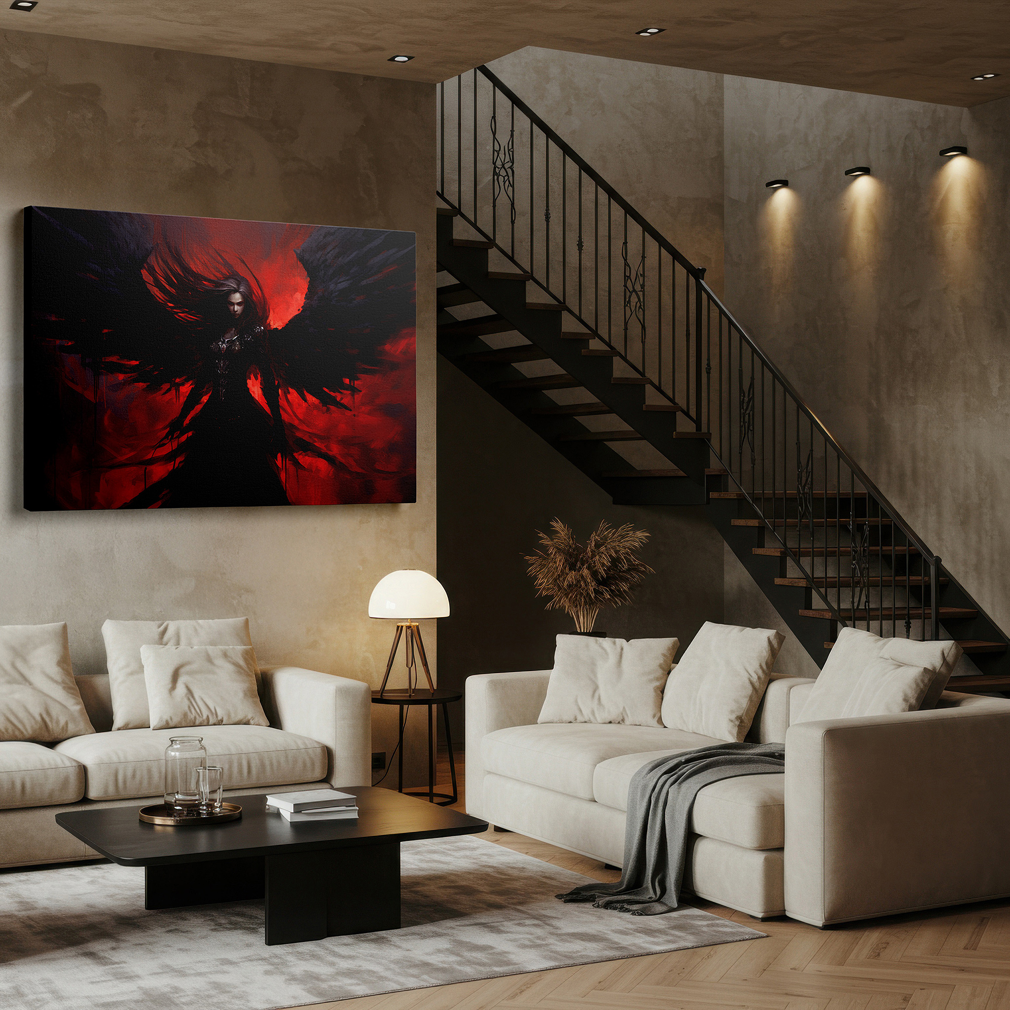 Balanced between two tall indoor plants near a window — dark angel in metallic armor with a crimson background, emblematic of resilience and mythical strength, large canvas wall art for office decor