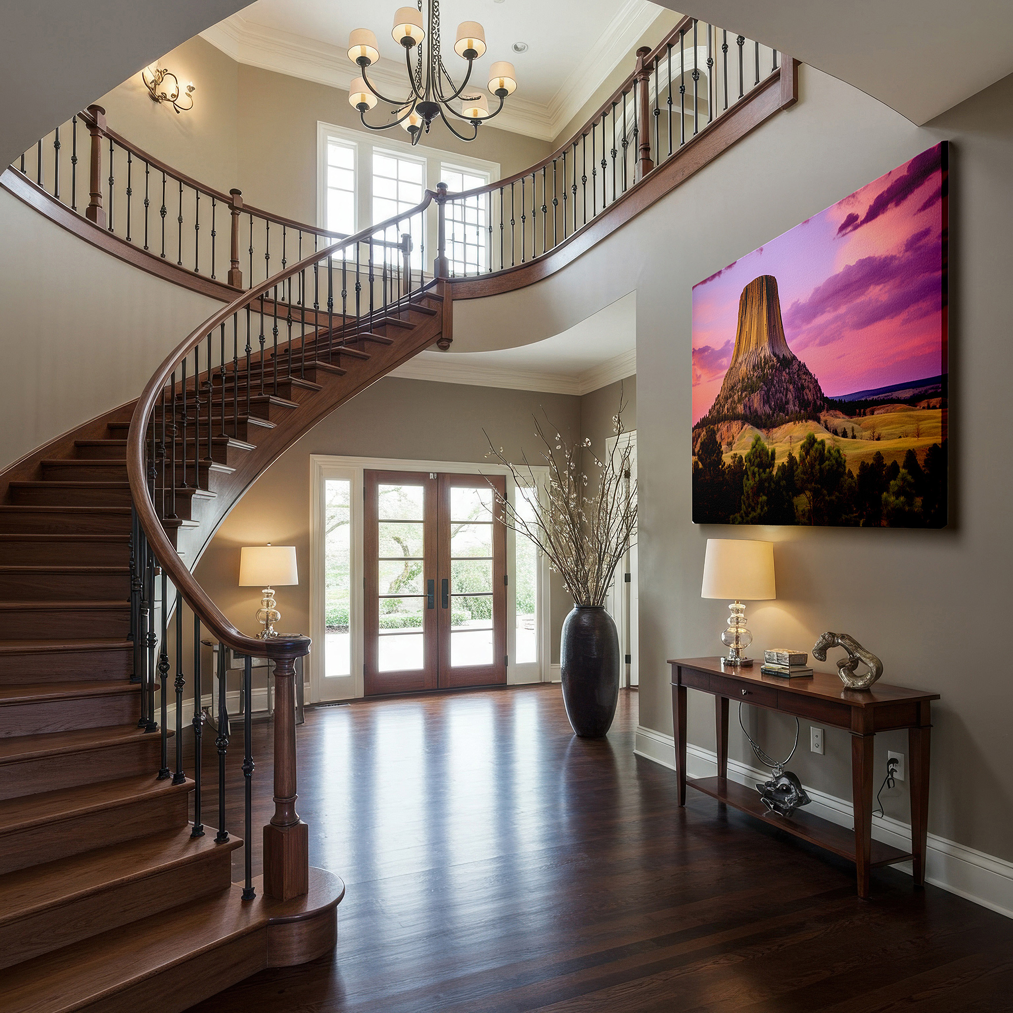 Balanced between two tall indoor plants near a window — devil's tower at sunset: majestic nature's grandeur - large canvas wall art for office and bedroom decor