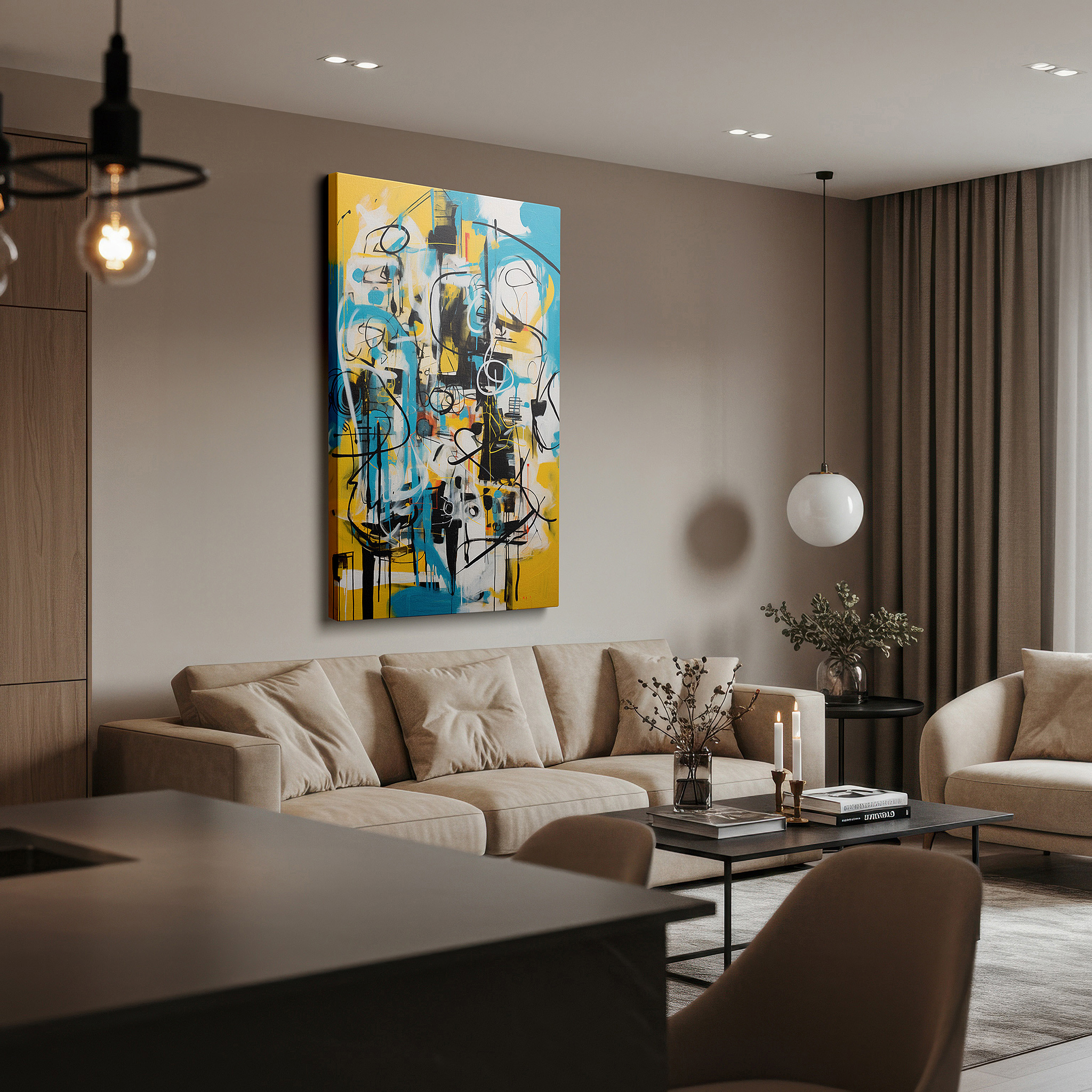 Balanced between two tall indoor plants near a window — dynamic blue and yellow swirls: a vivid dance of chaos and harmony - large canvas wall art for office and bedroom decor