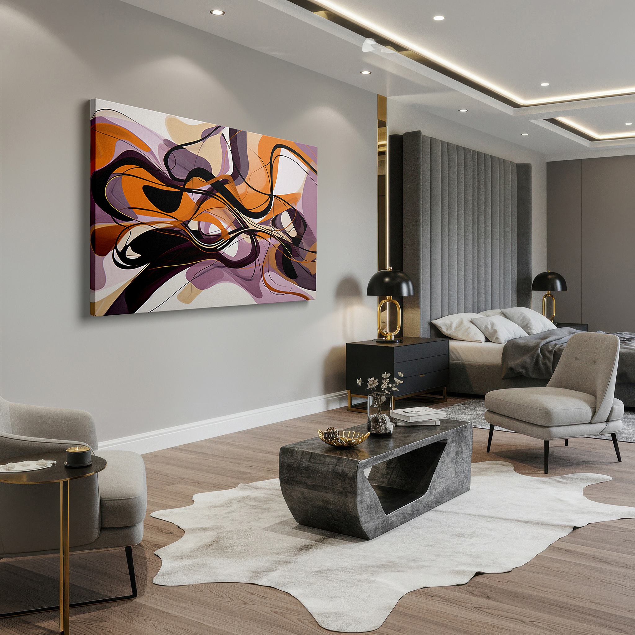 Balanced between two tall indoor plants near a window — earthy tones and structured chaos: large wall art featuring deep purples, vibrant oranges, and stark blacks - canvas wall art for office decor