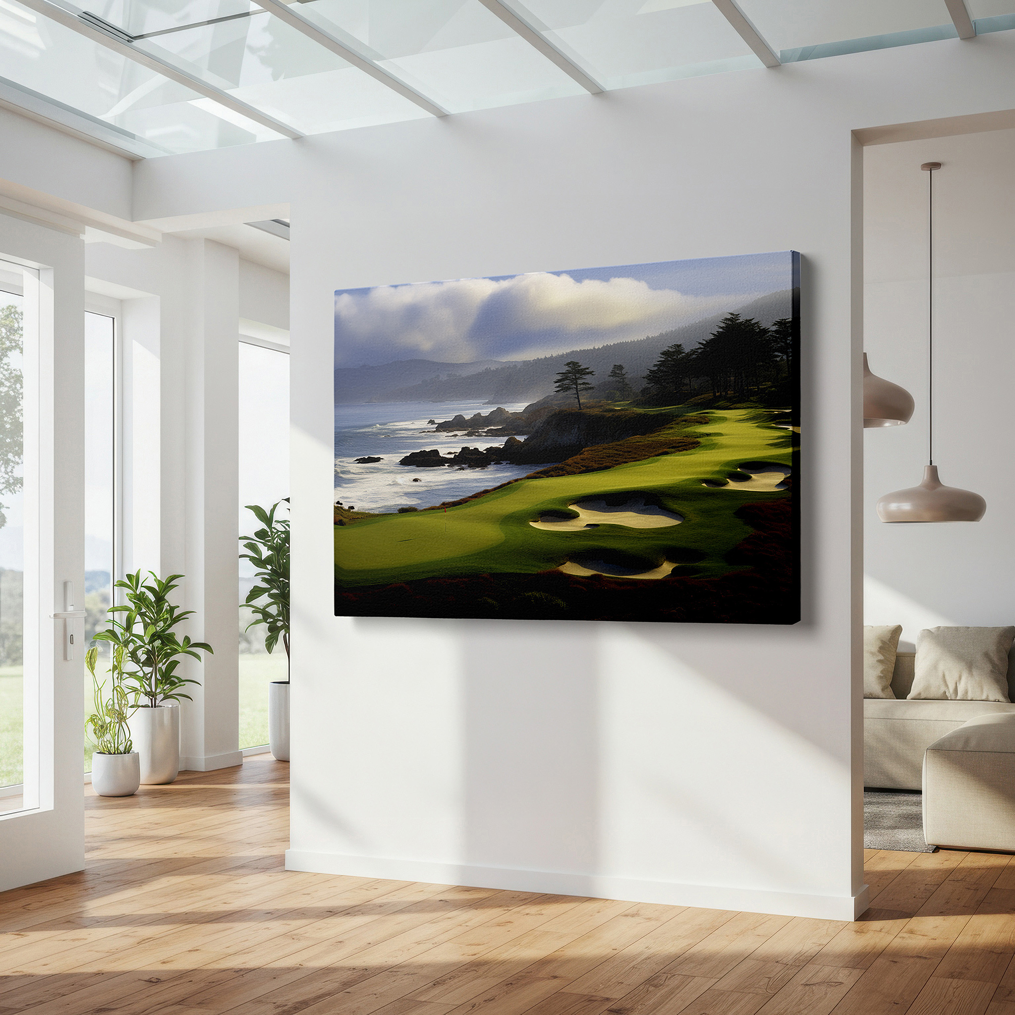 Balanced between two tall indoor plants near a window — elegant coastal golf course and rugged shorelines large wall art, dramatic sky canvas, office and bedroom wall decor