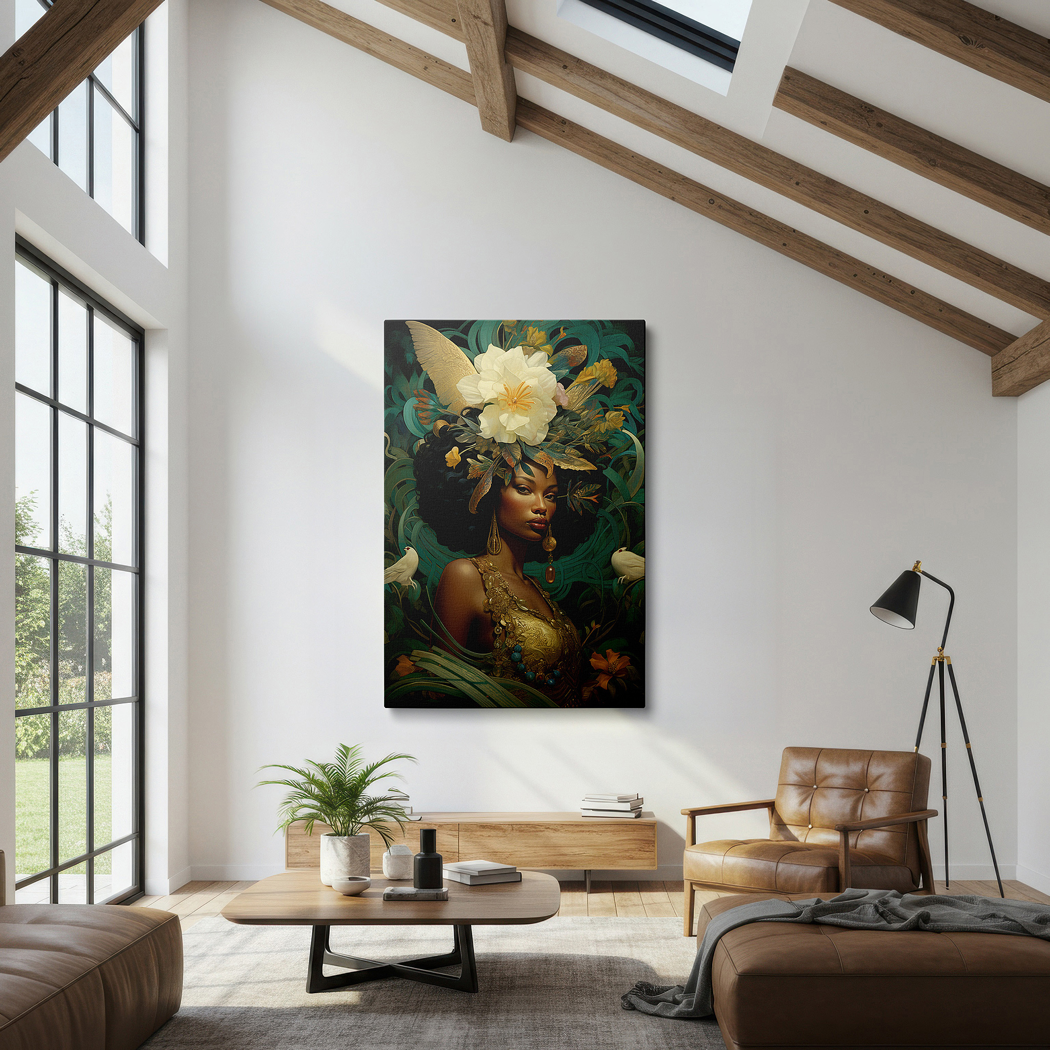 Balanced between two tall indoor plants near a window — elegant lady adorned with flower crown representing nature's grandeur and women's power, oversized wall art, canvas print, home office decor