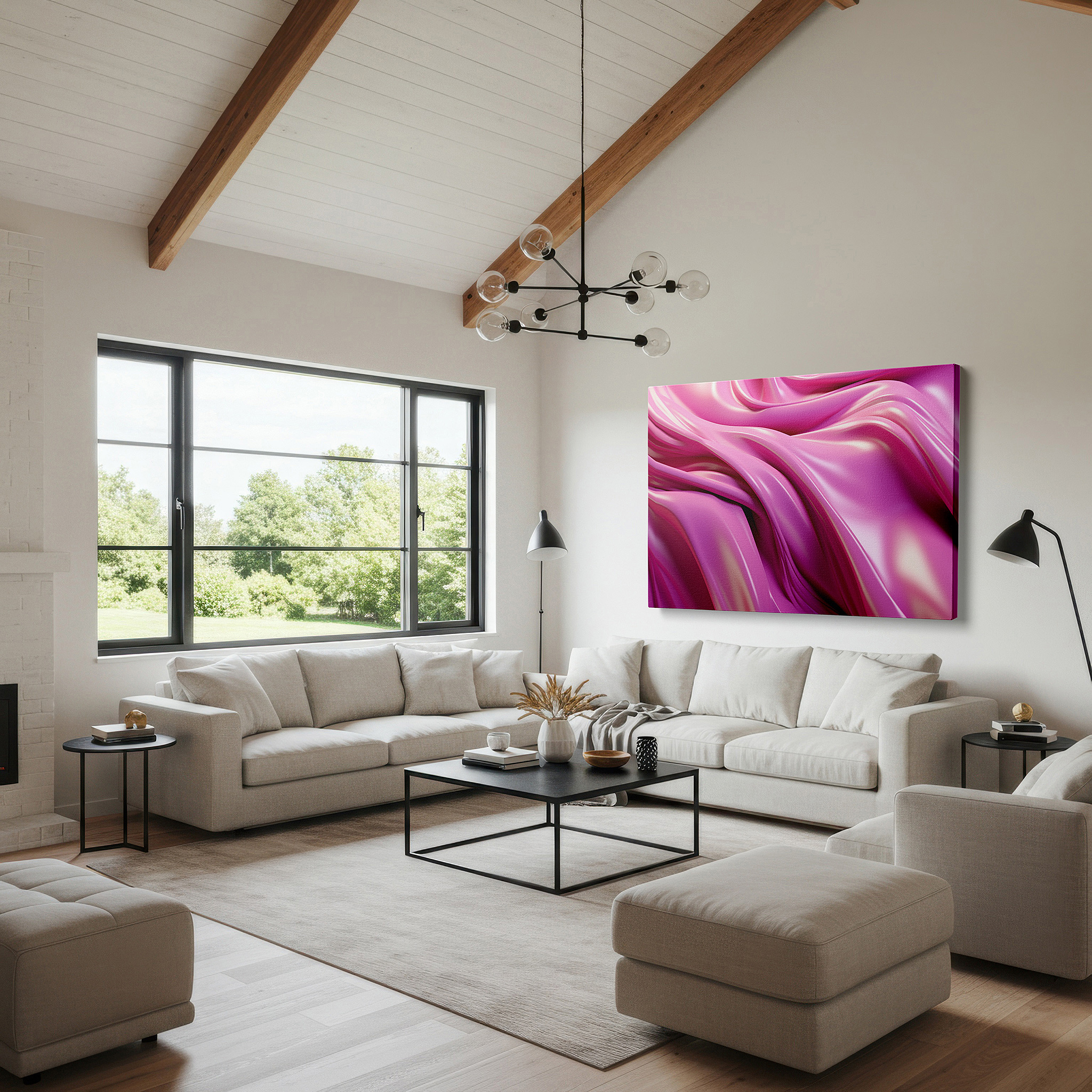 Balanced between two tall indoor plants near a window — elegant pink satin in luxurious flow: a masterpiece of textile art, perfect for large wall decor, canvas art, and office walls