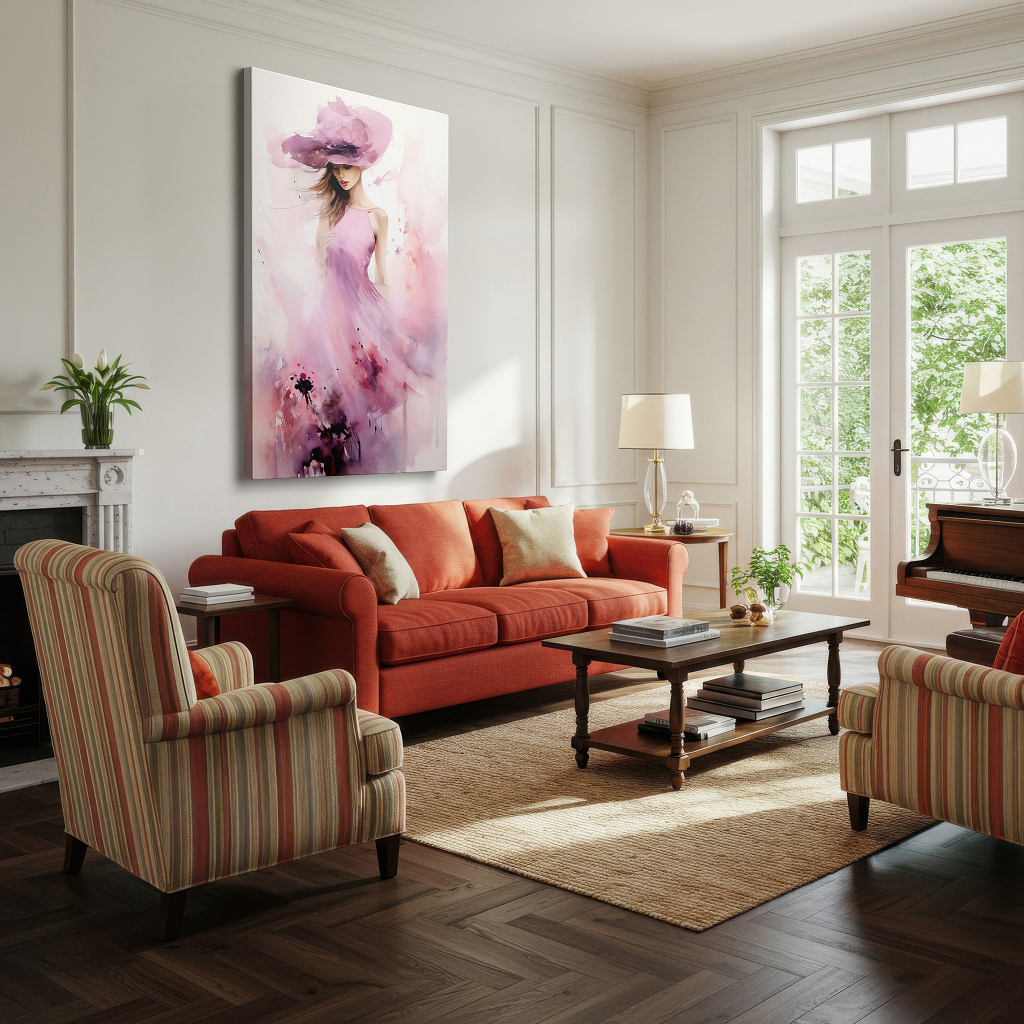 Balanced between two tall indoor plants near a window — elegant serenity in pink: serene woman with wide-brimmed hat - large canvas wall art for office and bedroom decor