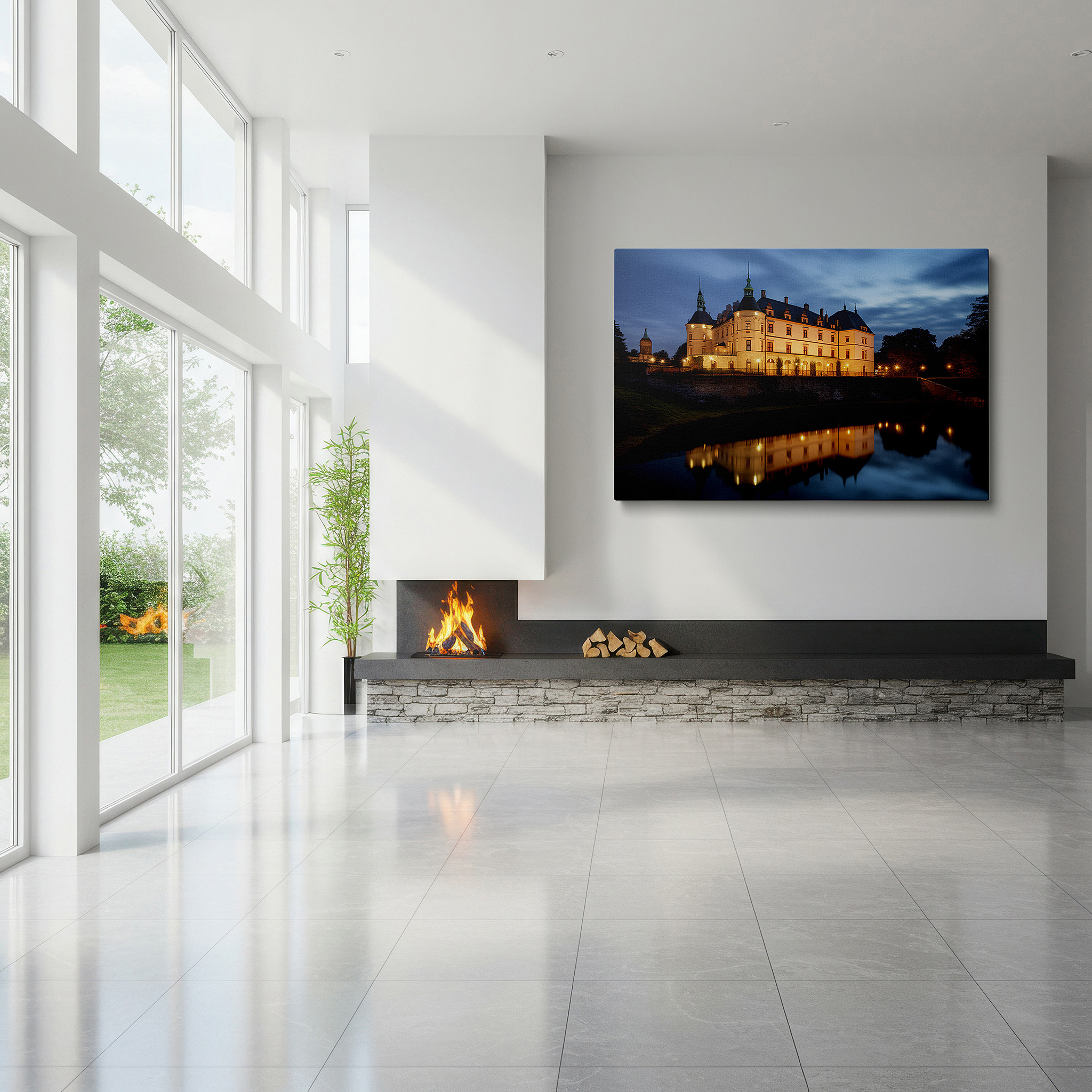 Balanced between two tall indoor plants near a window — enchanted evening glow - majestic castle and golden reflections on serene waters large canvas wall art, office wall decor