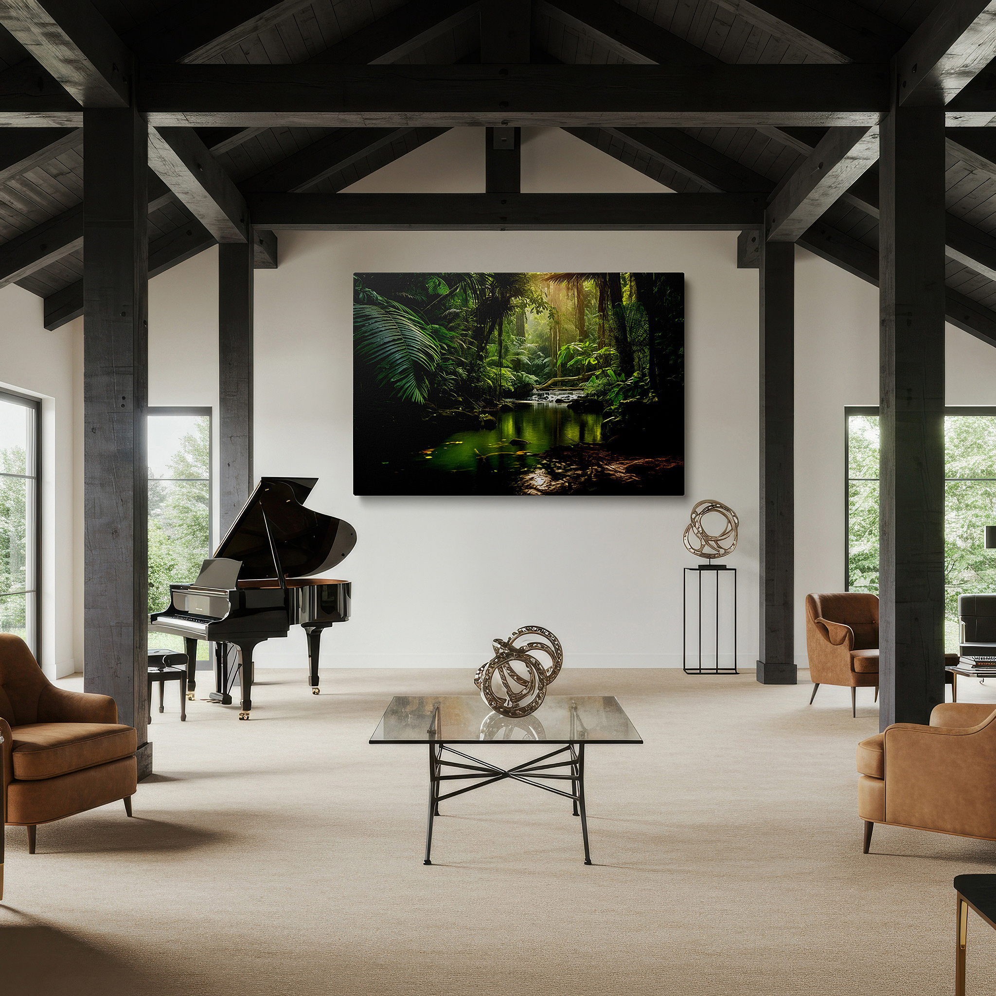 Balanced between two tall indoor plants near a window — enchanted rainforest retreat wall art featuring a cascading waterfall and lush green canopy, ideal for office and bedroom decor