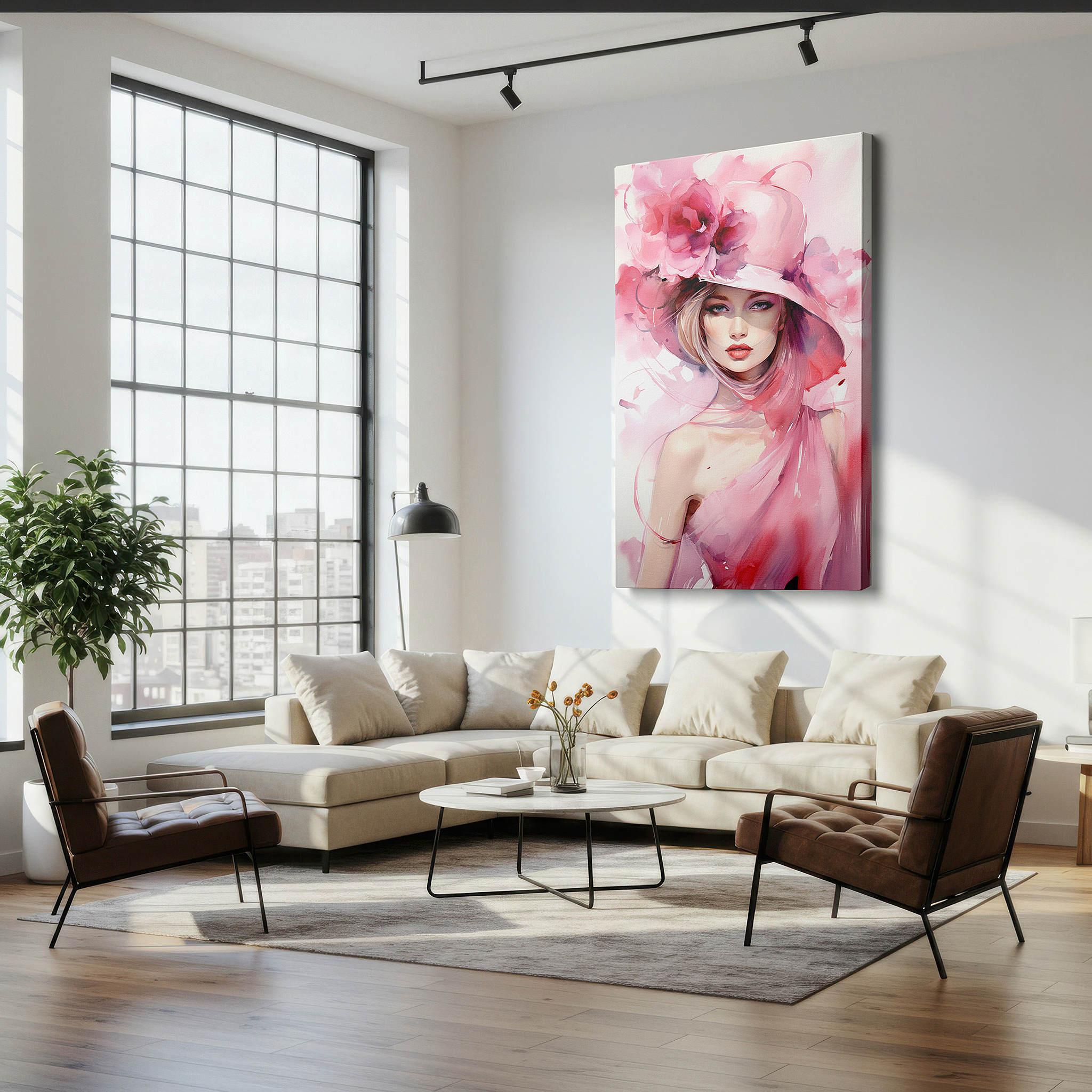 Balanced between two tall indoor plants near a window — enchanting large canvas wall art featuring a woman in a pink floral hat, perfect for office, bedroom, or living room decor