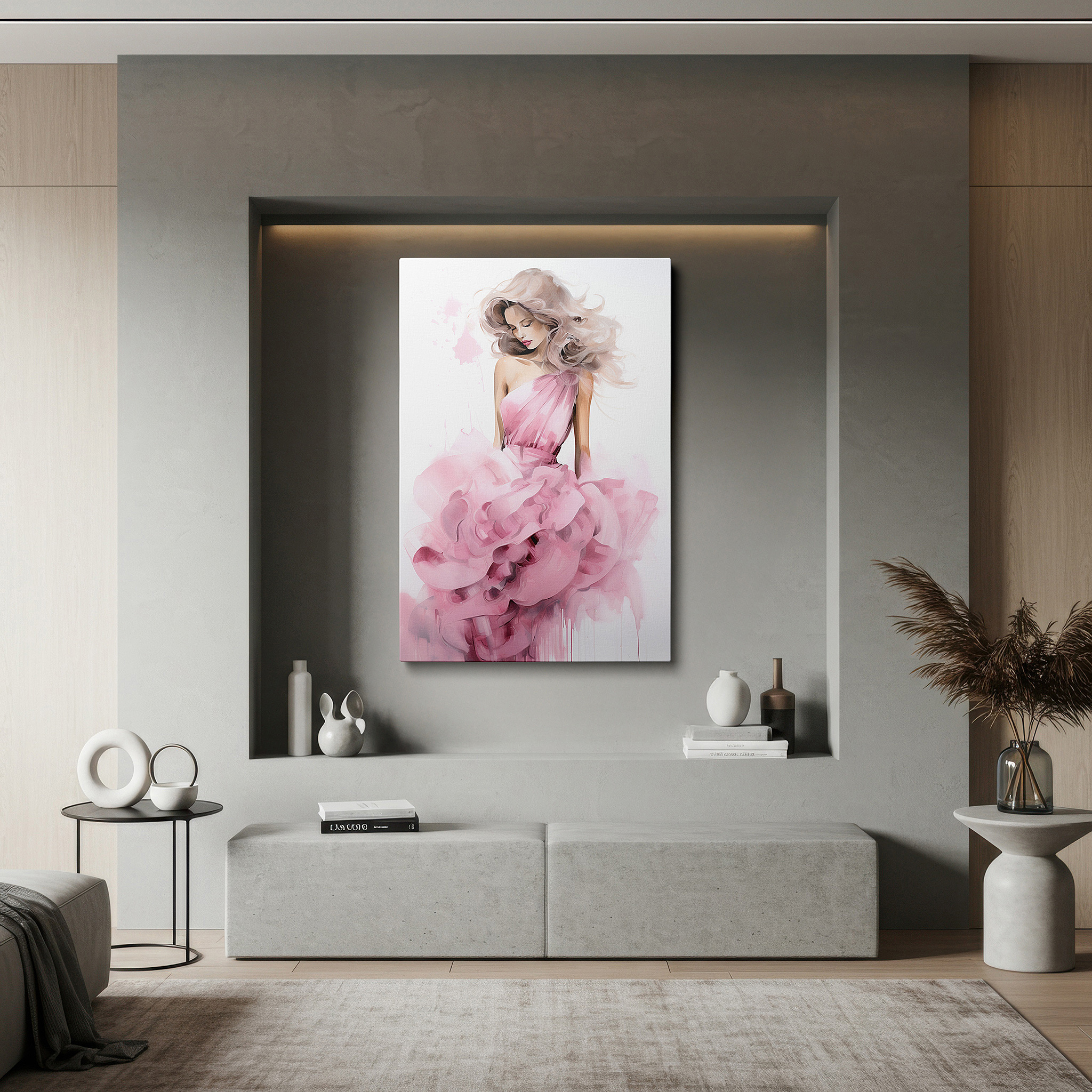 Balanced between two tall indoor plants near a window — enchanting muse in pink: celebrating femininity and modern fashion with abstract expressionist large canvas wall art decor