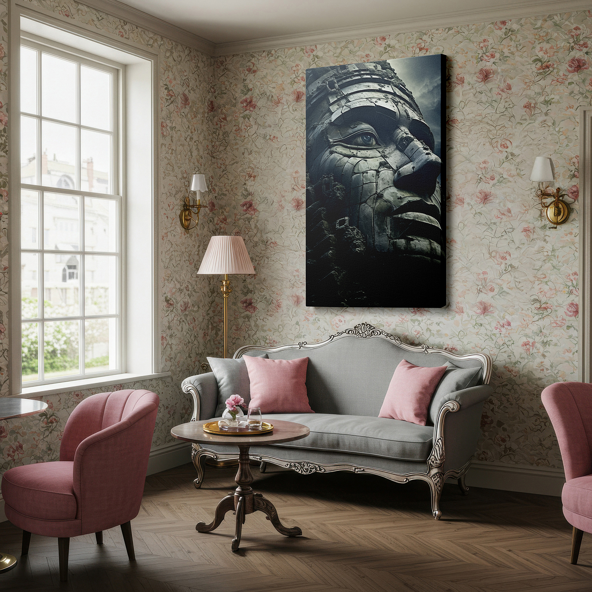 Balanced between two tall indoor plants near a window — enchanting stone face canvas: textured and historically rich large wall art for offices and bedrooms