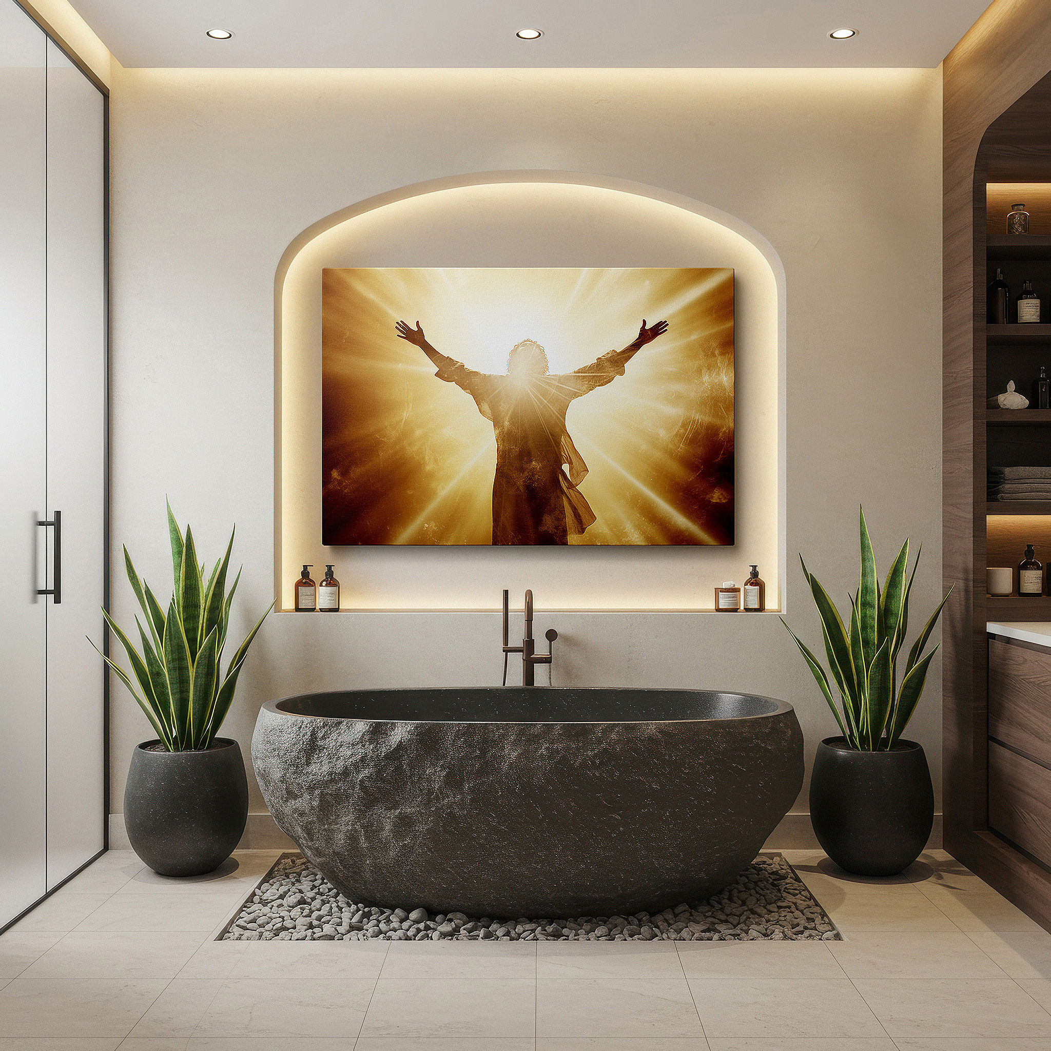 Balanced between two tall indoor plants near a window — enlightened being in golden radiance - emblem of spiritual awakening and enlightenment, large wall art, canvas wall art, wall decor, office wall art