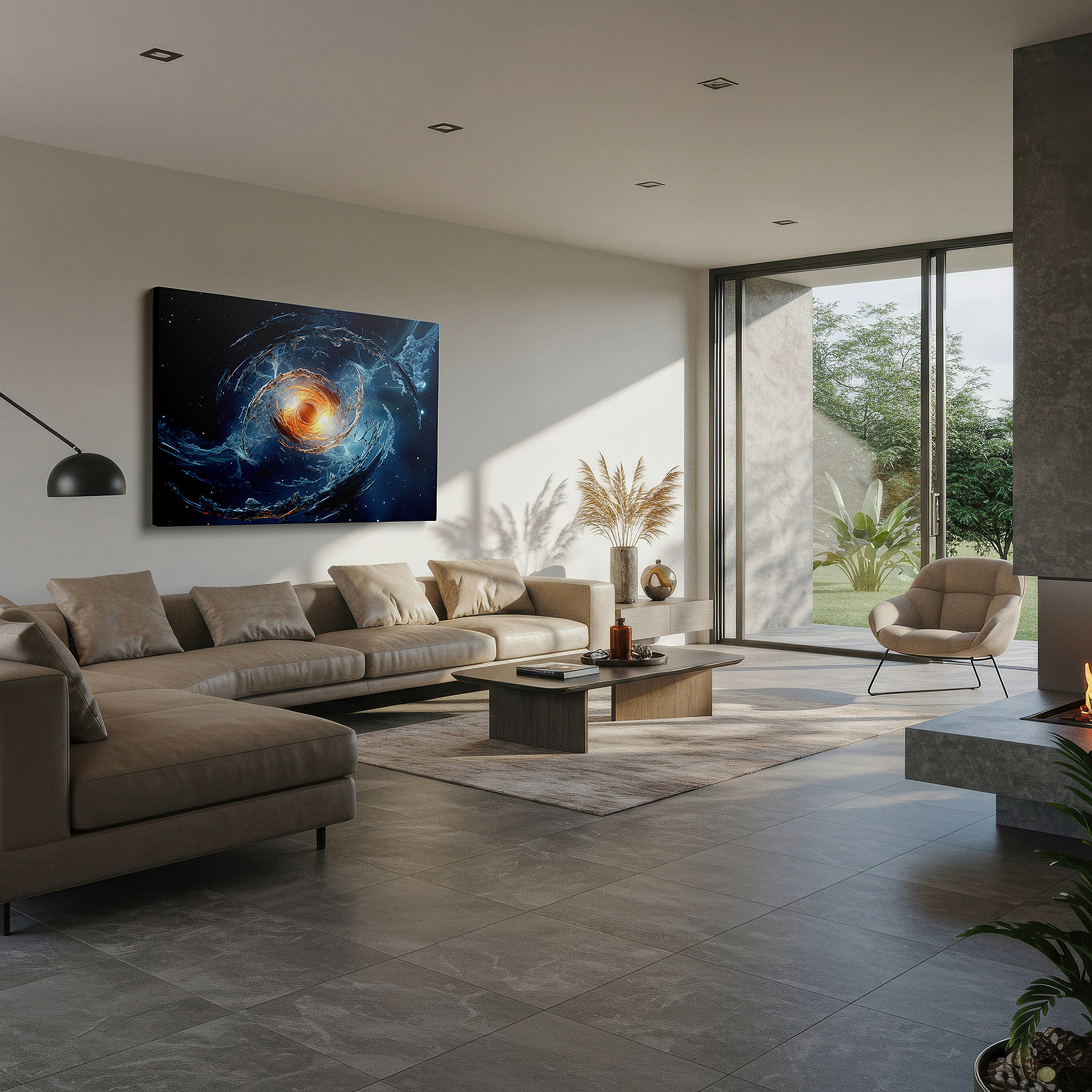Balanced between two tall indoor plants near a window — fiery cosmic vortex and celestial swirls wall art in deep blues and vibrant oranges, large canvas for home and office decor