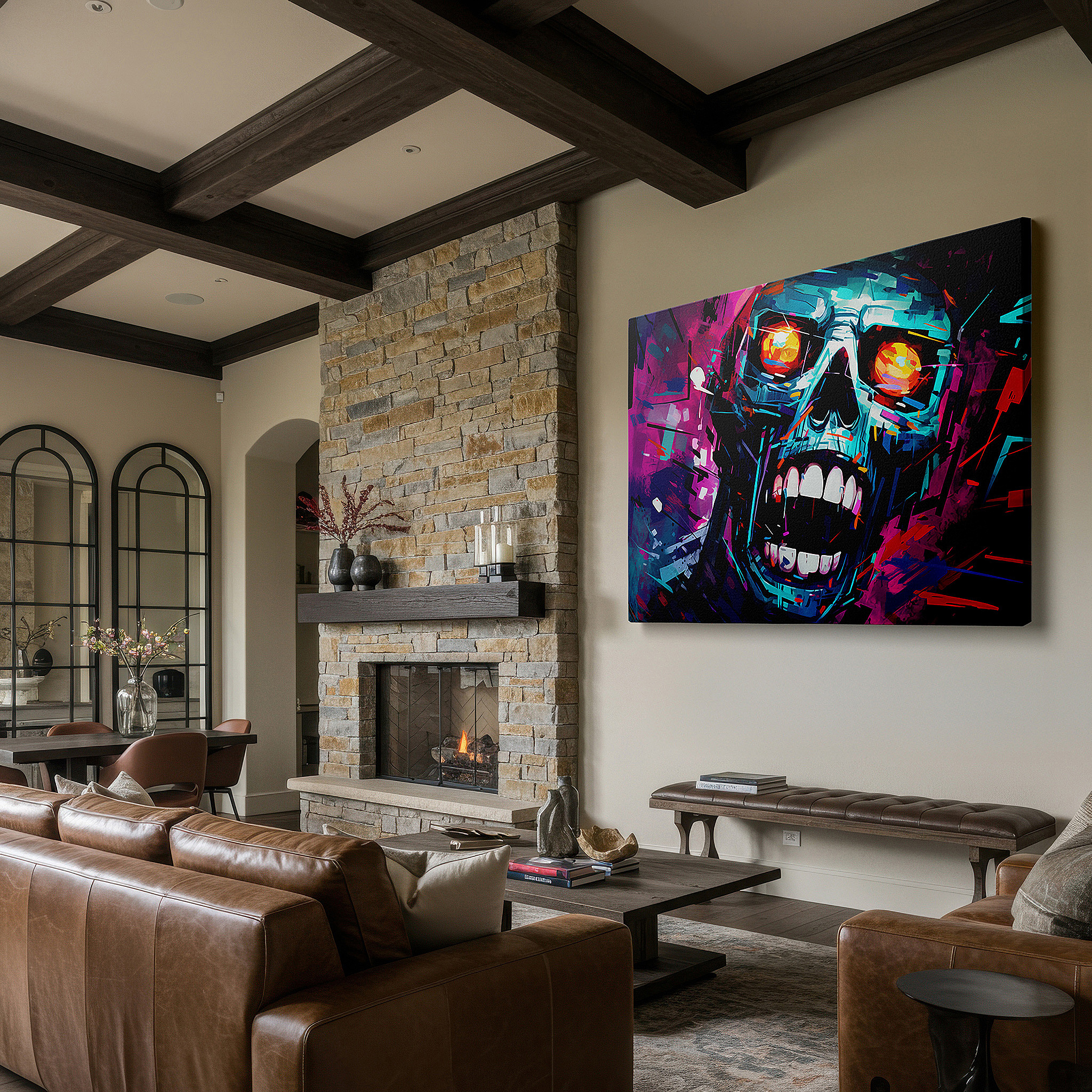 Balanced between two tall indoor plants near a window — fiery-eyed skull amidst a kaleidoscope of chaos wall art, canvas art for office, bedroom, and living room decor