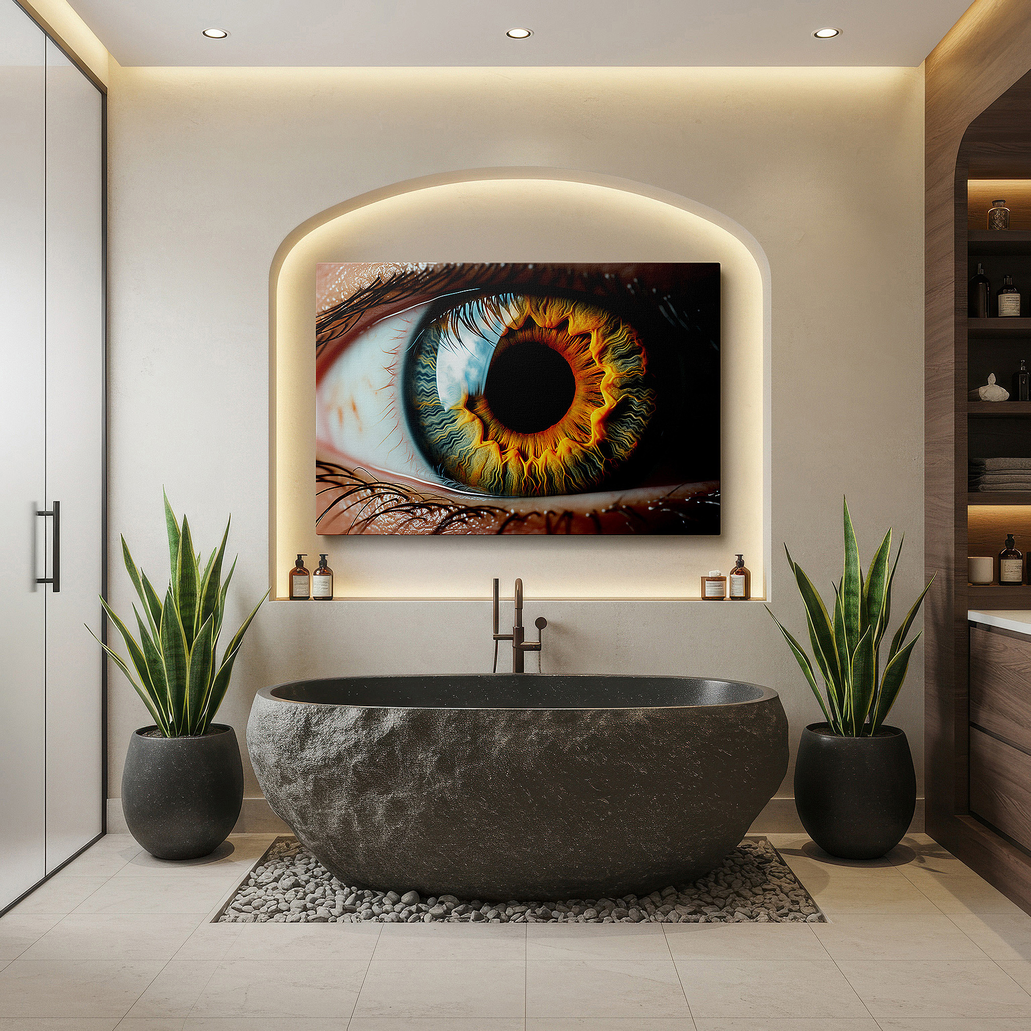 Balanced between two tall indoor plants near a window — fiery iris gateway to the soul large canvas wall art for office, bedroom, and living room decor