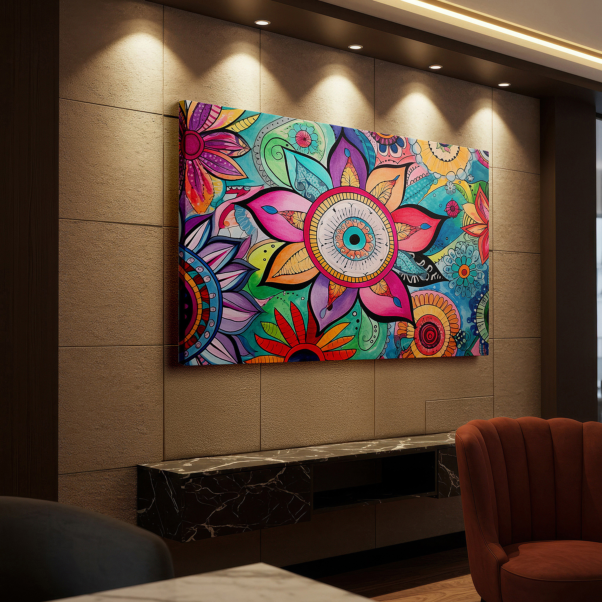 Balanced between two tall indoor plants near a window — floral mandala vibrant symmetry: spiritual universe reflection large wall art, canvas wall decor for office and bedroom