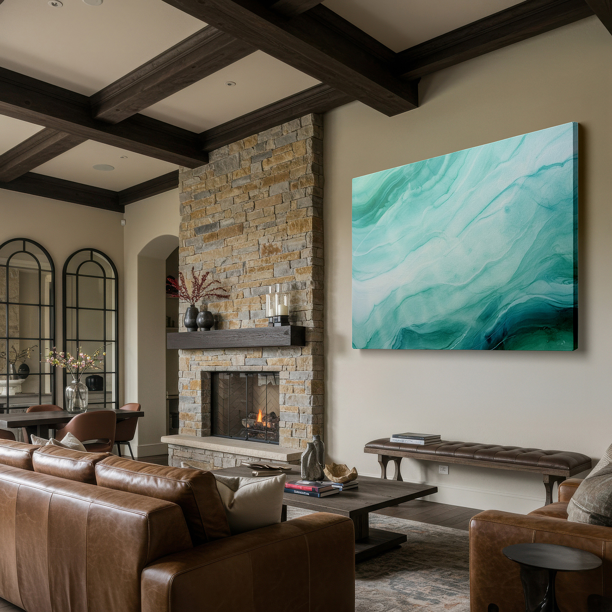 Balanced between two tall indoor plants near a window — fluid forms and bright hues: a ballet of greens and blues - large wall art, canvas wall art, wall decor for office and bedroom