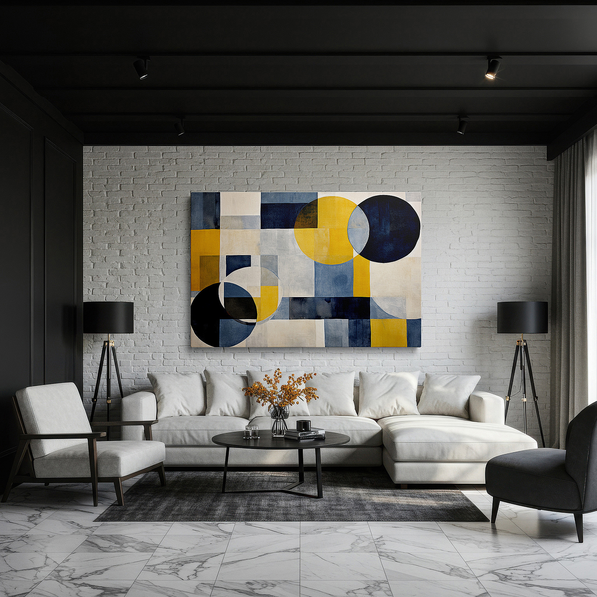 Balanced between two tall indoor plants near a window — geometric symphony in blues and yellows: large canvas wall art for office decor, balancing structure with spontaneity