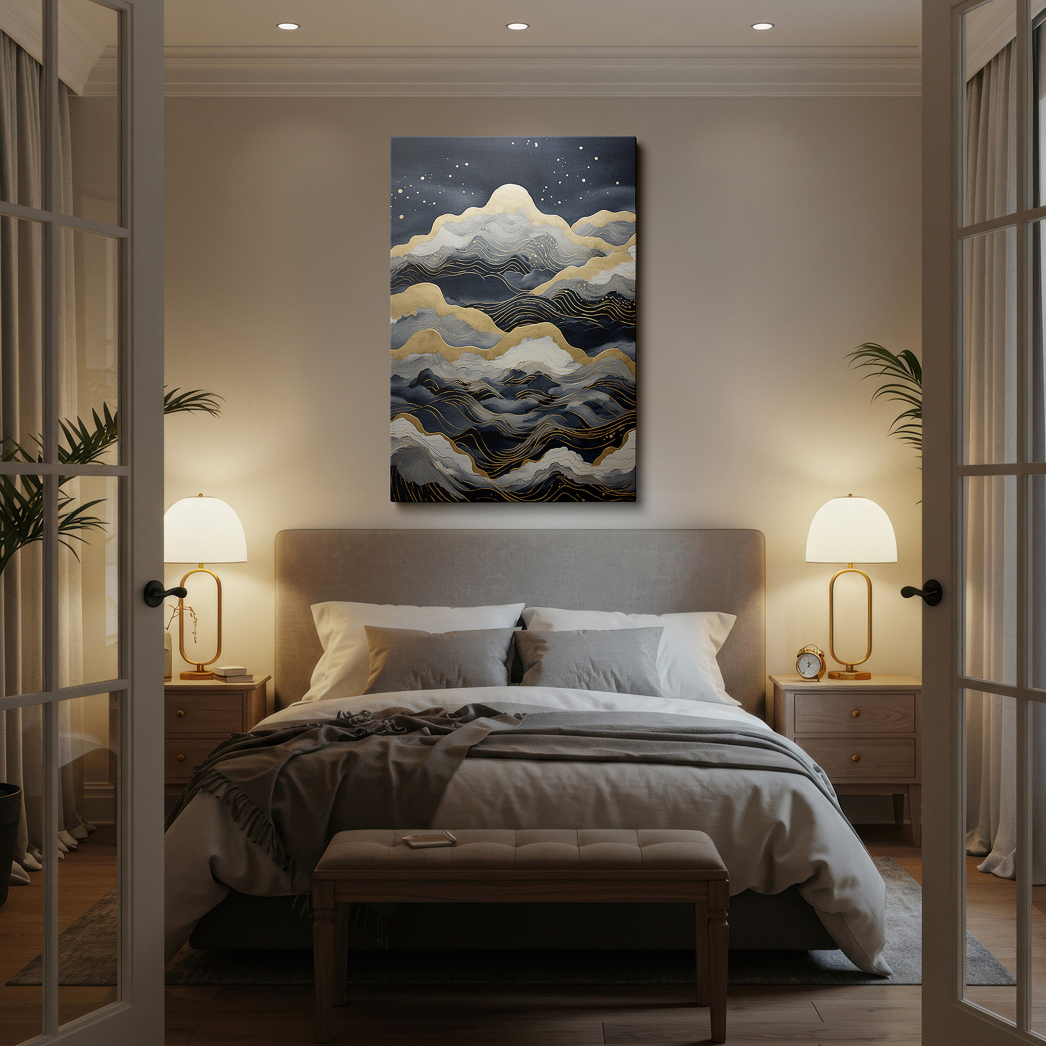 Balanced between two tall indoor plants near a window — gold and blue oceanic waves: a masterpiece of movement and emotion - large canvas wall art for office and bedroom decor