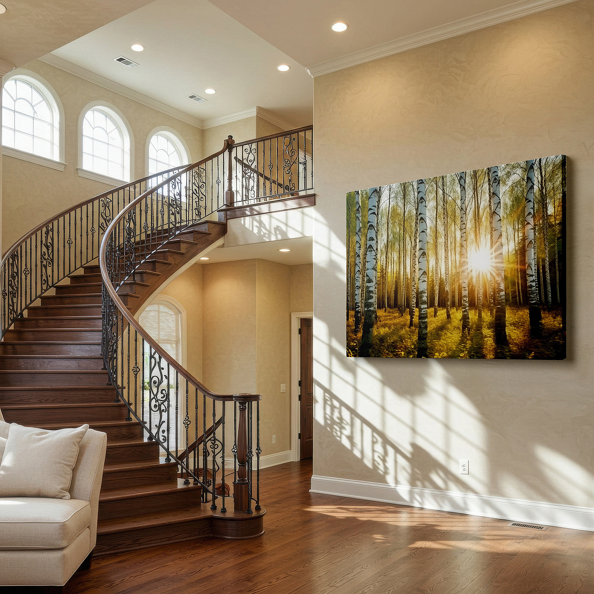 Balanced between two tall indoor plants near a window — golden hour birch forest - slender trees bathed in radiant sunlight large wall art, canvas wall decor for office and bedroom