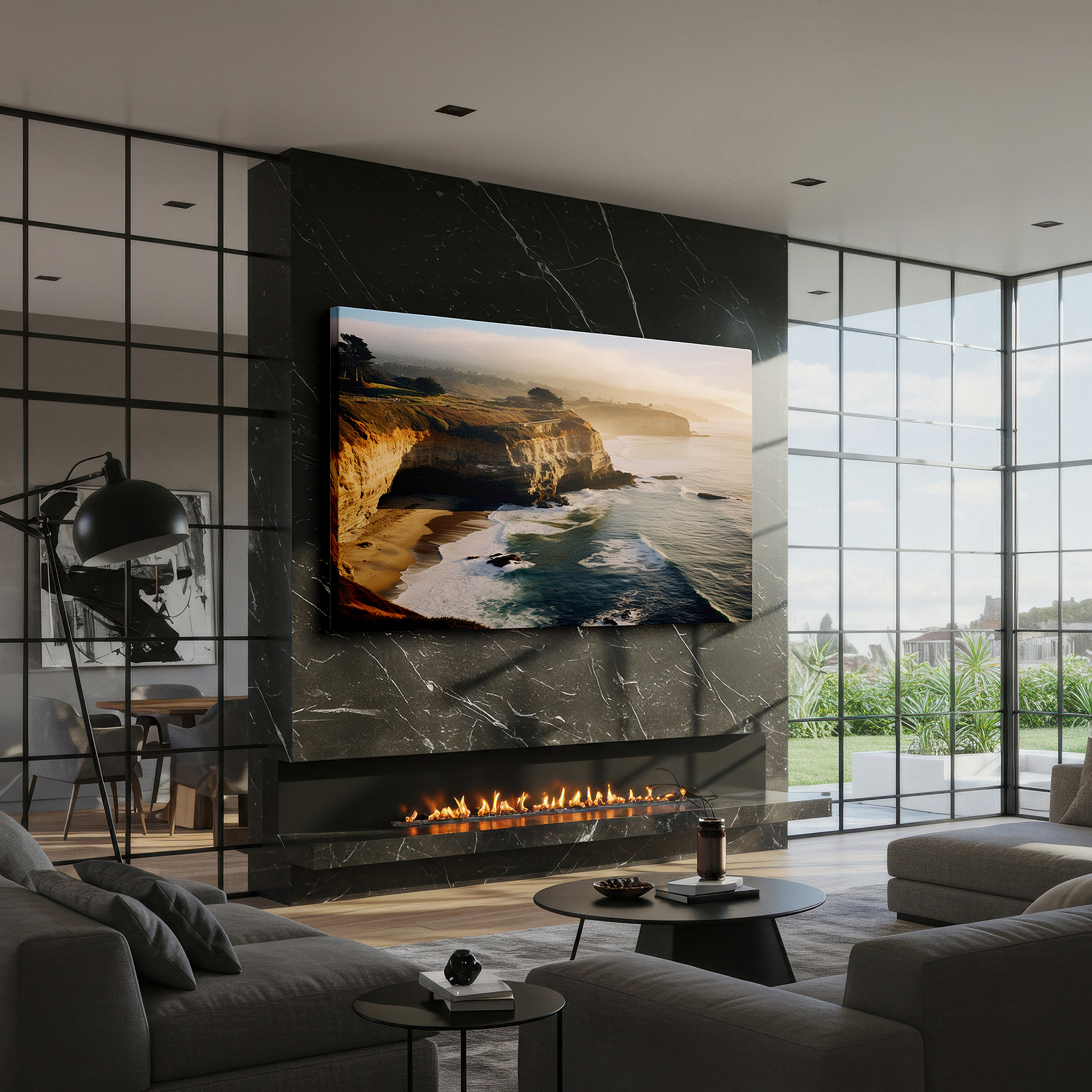Balanced between two tall indoor plants near a window — golden morning light on coastal cliffs: serene land and sea interaction large wall art, canvas wall art, wall decor, office wall art