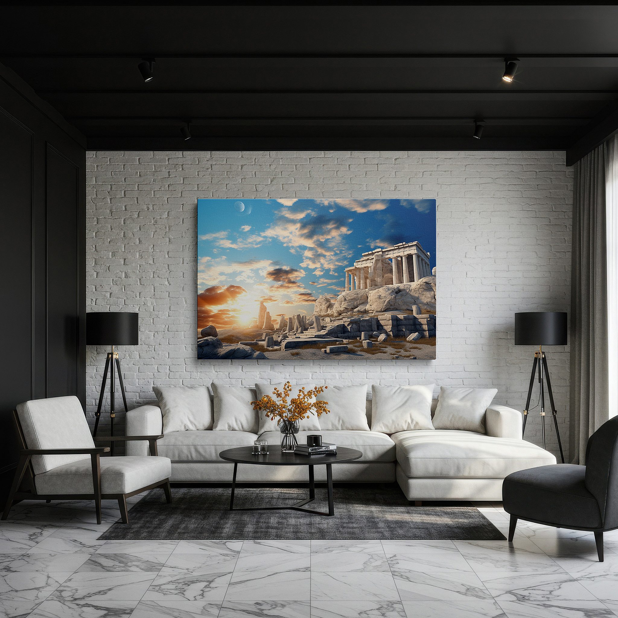 Balanced between two tall indoor plants near a window — golden sunset at the parthenon - hyper-realistic digital homage to greek magnificence, large wall art, canvas wall art, wall decor, office wall art