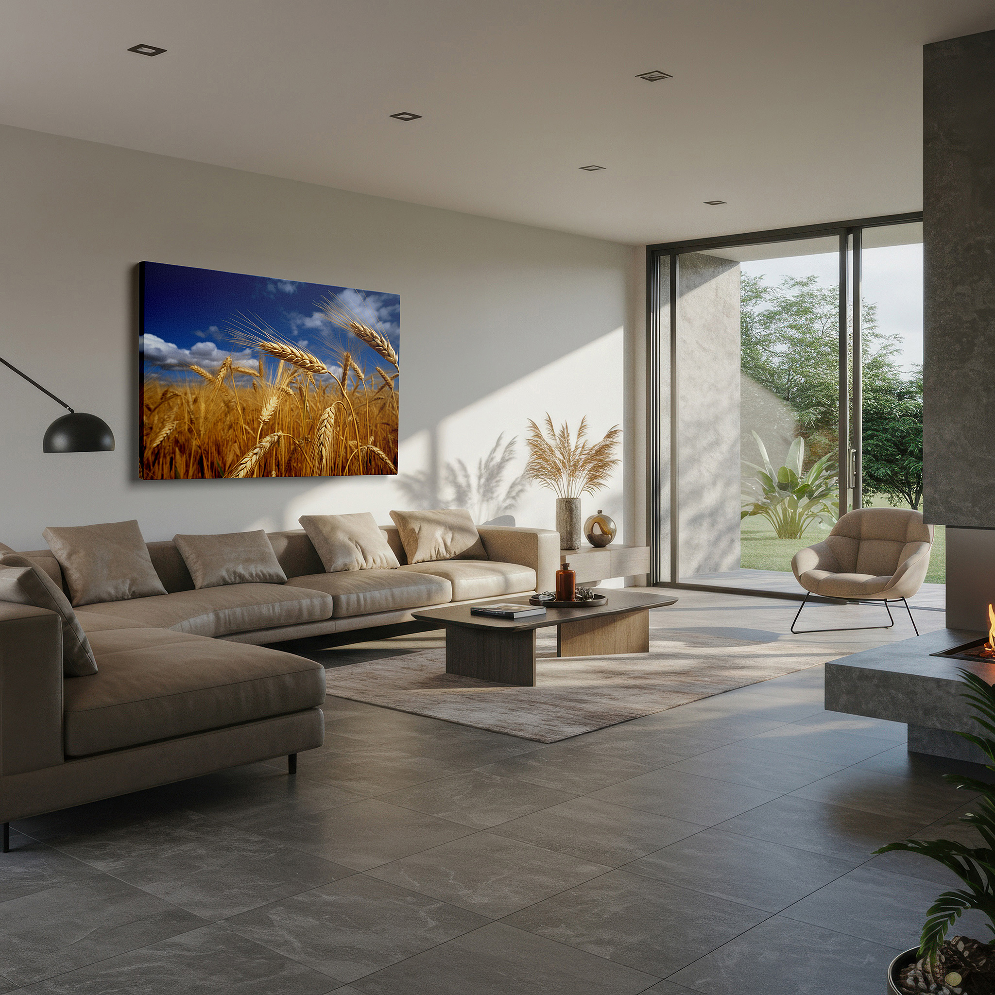 Balanced between two tall indoor plants near a window — golden wheat field beneath a bright blue sky - emblematic of growth and peaceful countryside living, large wall art, canvas wall art, wall decor, office wall art