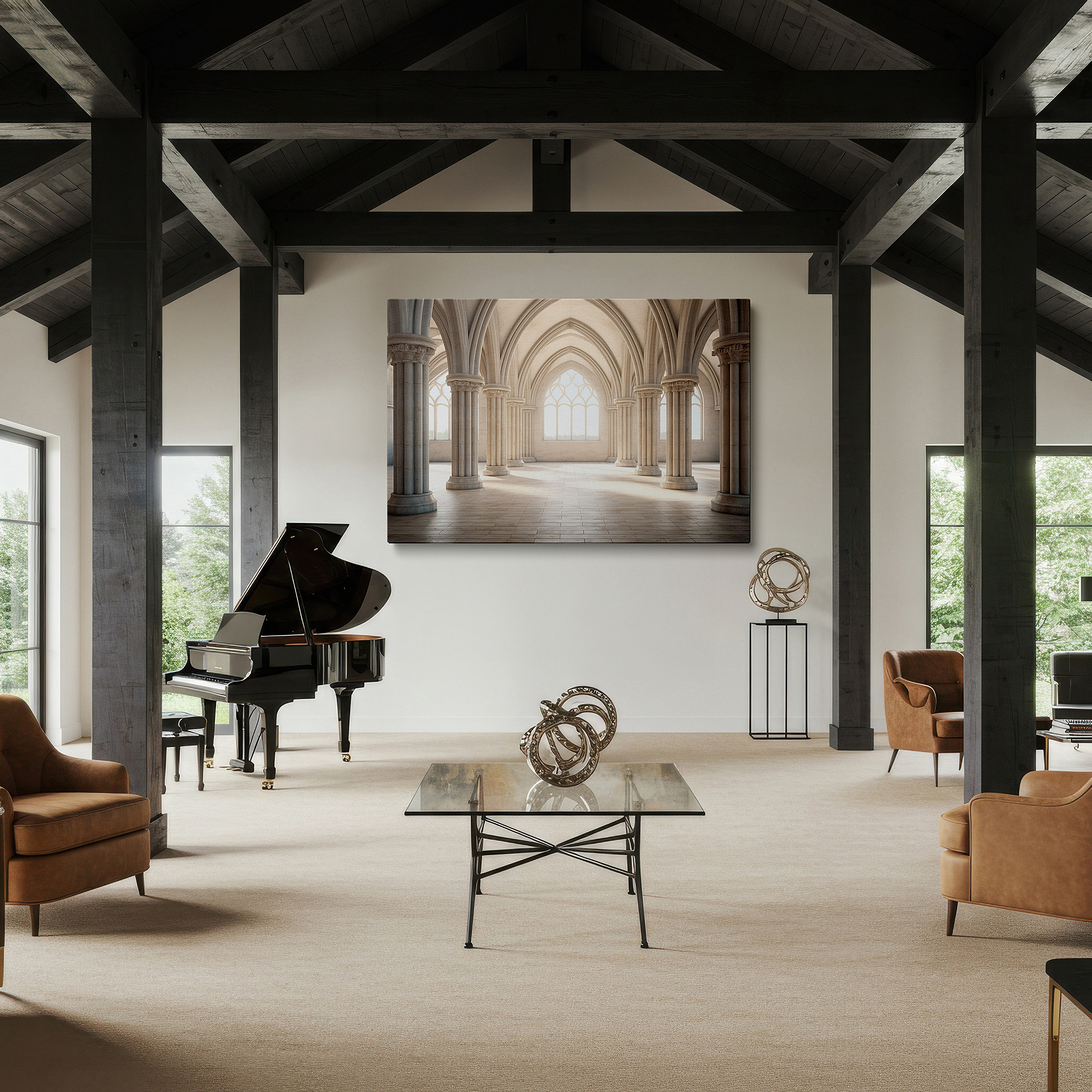 Balanced between two tall indoor plants near a window — grand gothic interior canvas featuring towering arches and detailed pillars, ideal for office and bedroom wall decor
