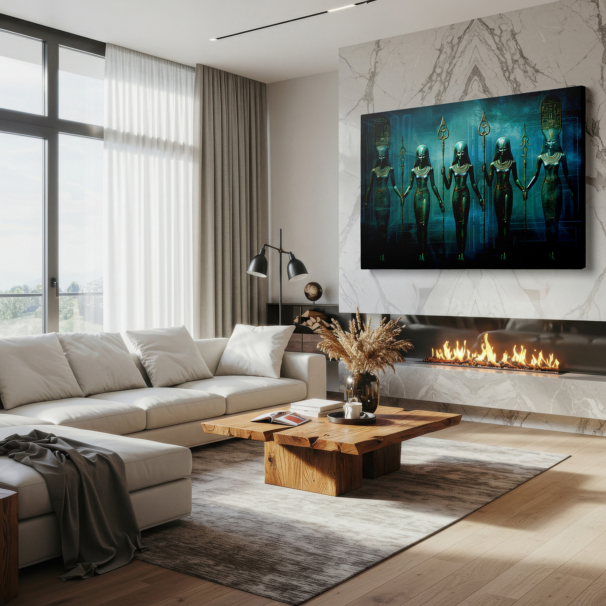 Balanced between two tall indoor plants near a window — guardians of time: blending historical bravery with future insight - large wall art, canvas, home and office decor