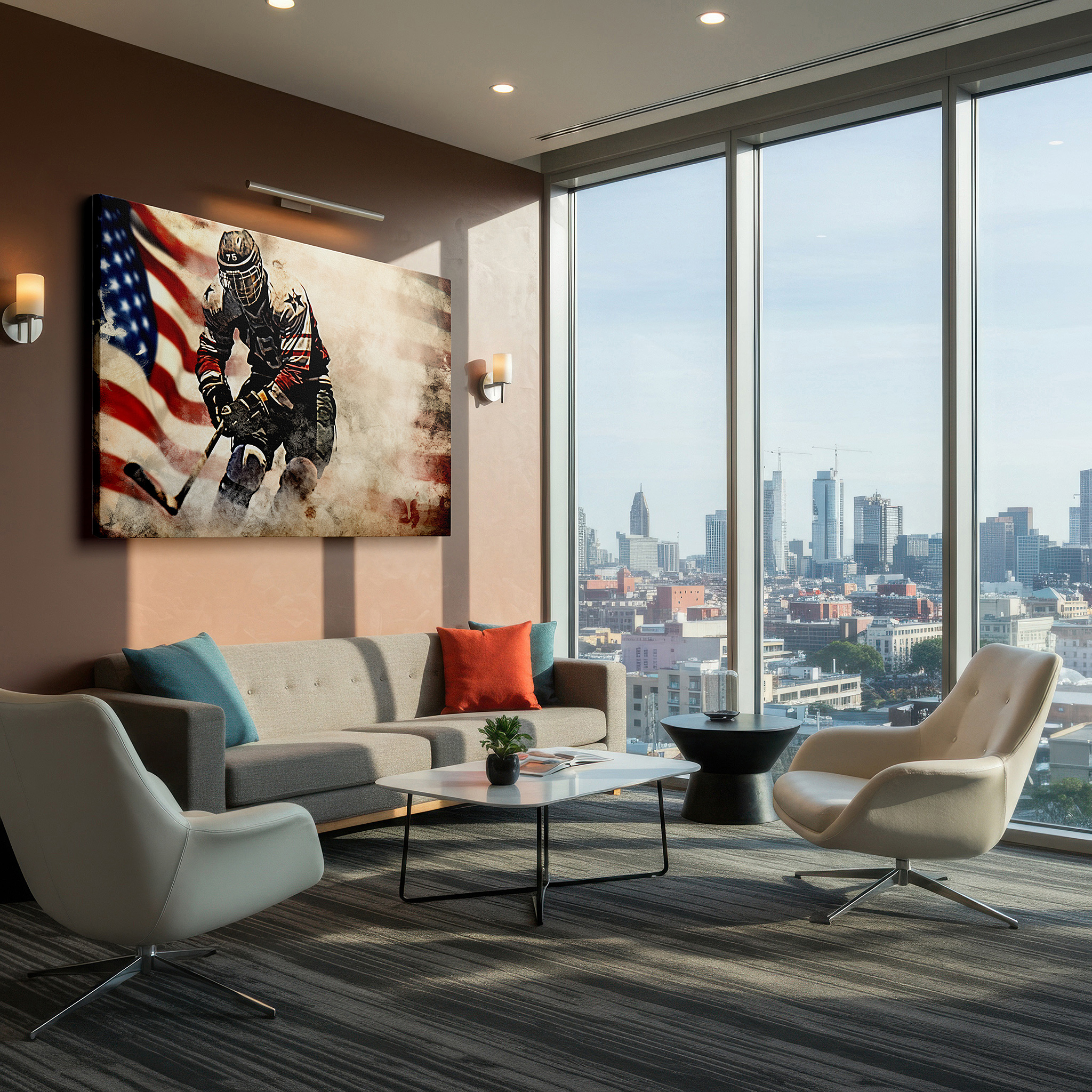 Balanced between two tall indoor plants near a window — "hockey heroism in home design: a player's vigorous chase among stars and stripes" - large wall art, canvas wall art, wall decor for office