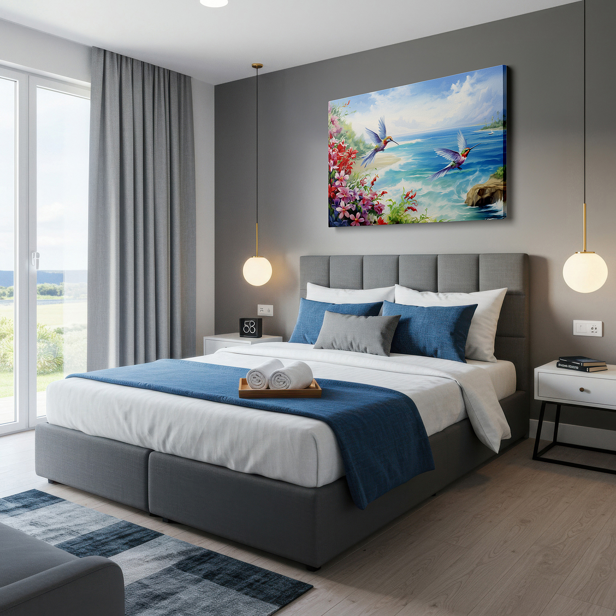 Balanced between two tall indoor plants near a window — hummingbirds and tropical flowers with ocean view large wall art, canvas decor for office, bedroom, and living room