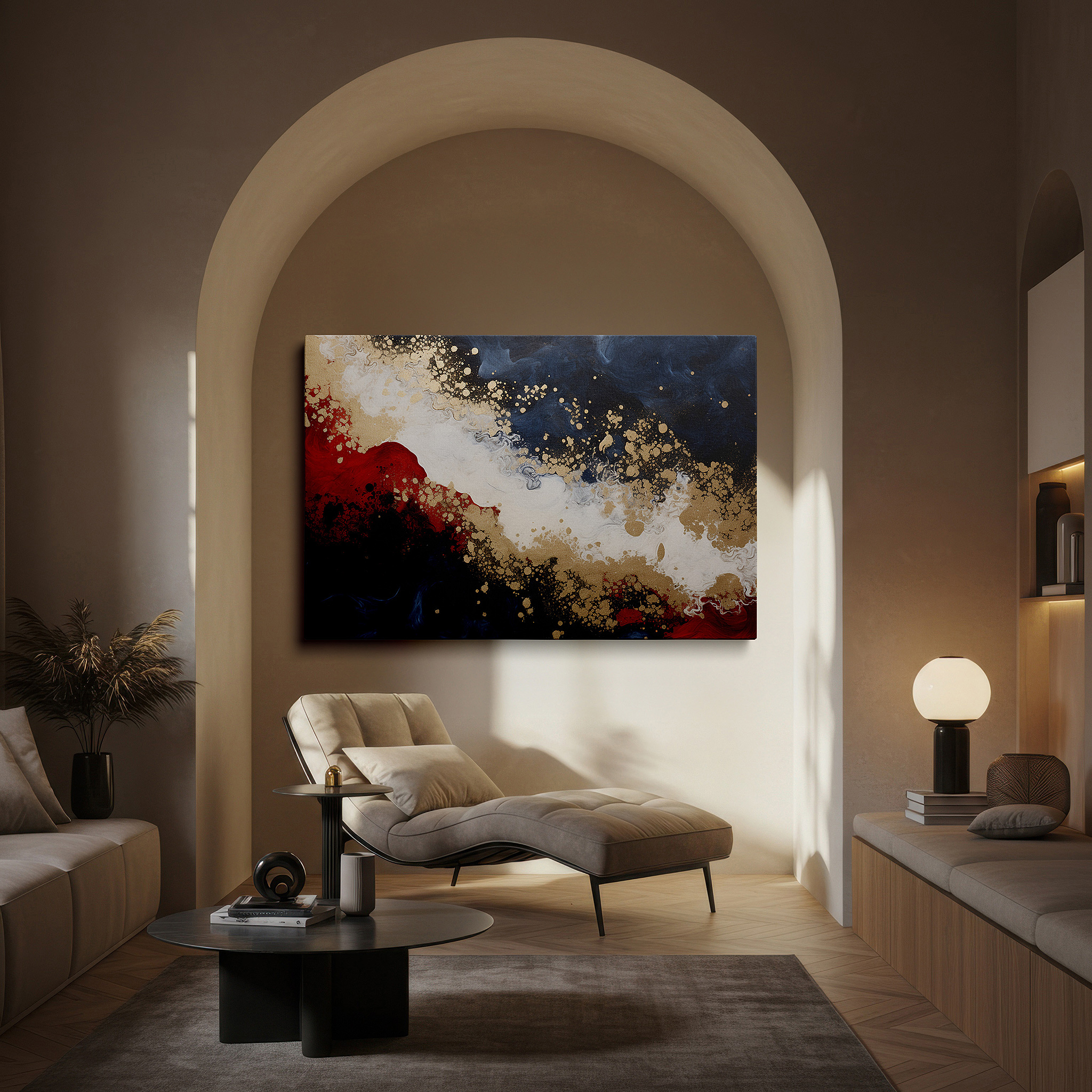 Balanced between two tall indoor plants near a window — luxurious gold, mysterious deep blue, and vibrant red abstract canvas: inspiring and illuminating large wall art, canvas wall decor