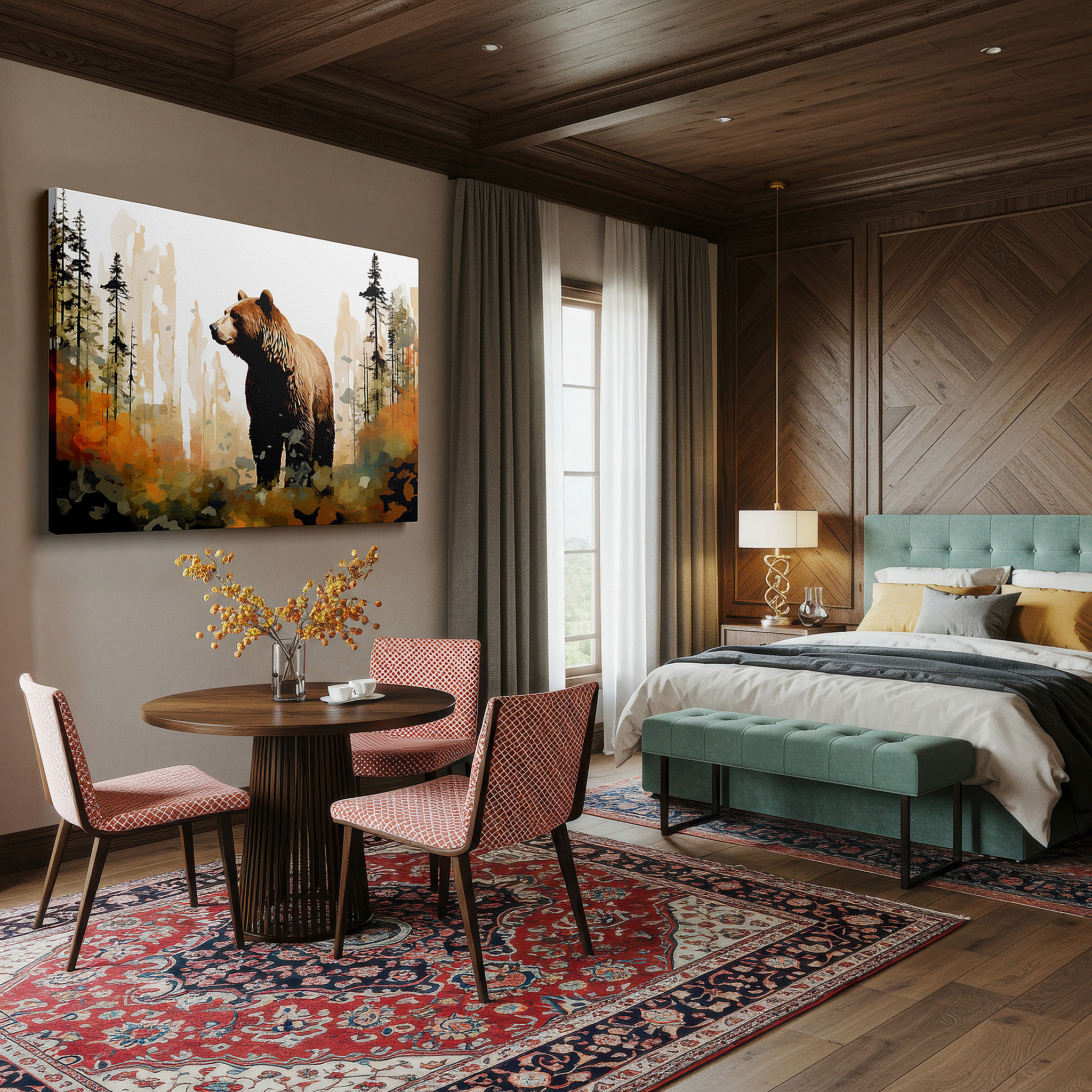 Balanced between two tall indoor plants near a window — majestic bear in lush wilderness: a blend of realistic and abstract aesthetics - large canvas wall art for home and office decor