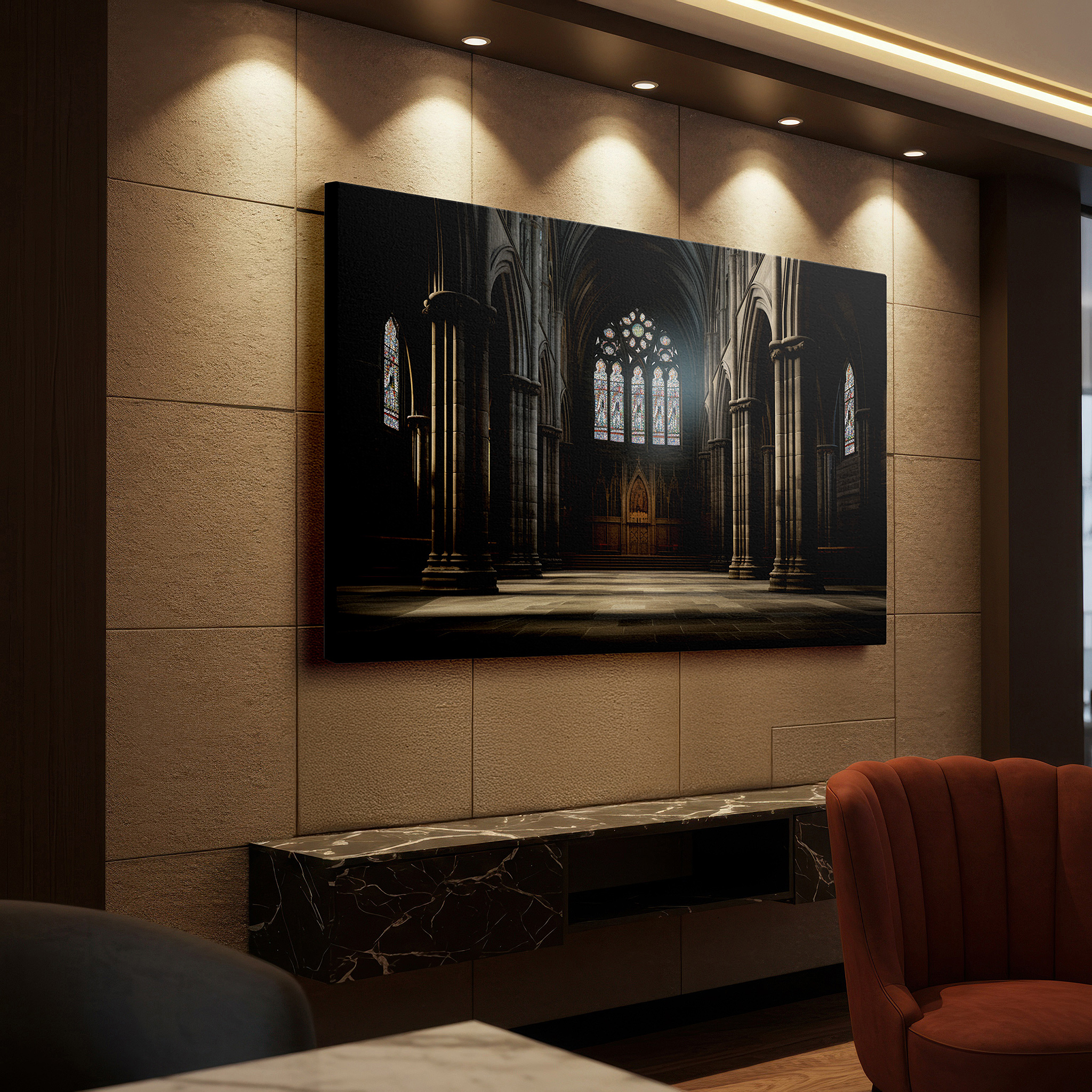 Balanced between two tall indoor plants near a window — majestic cathedral interior wall art: a showcase of architectural brilliance and serene ambiance, perfect for office decor, available as large canvas prints