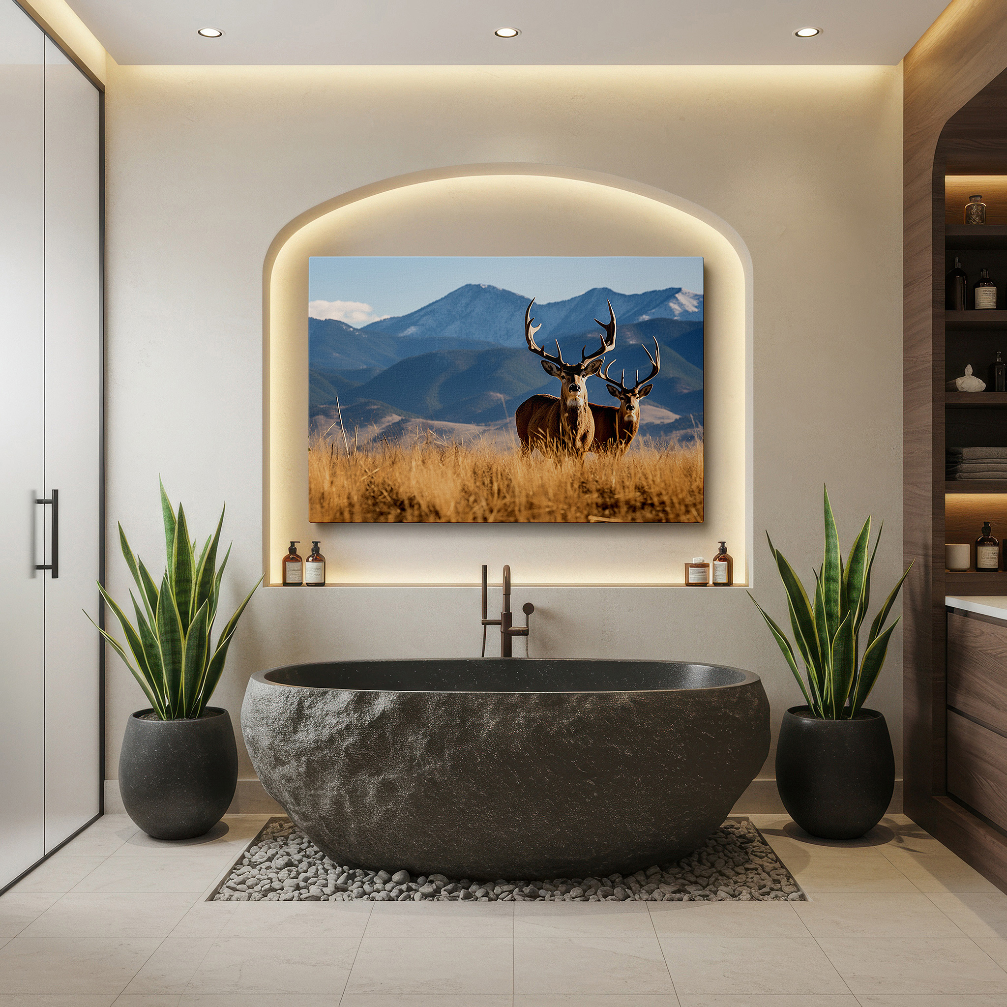Balanced between two tall indoor plants near a window — majestic deer in a golden meadow with snow-capped mountains large canvas wall art for office and bedroom decor