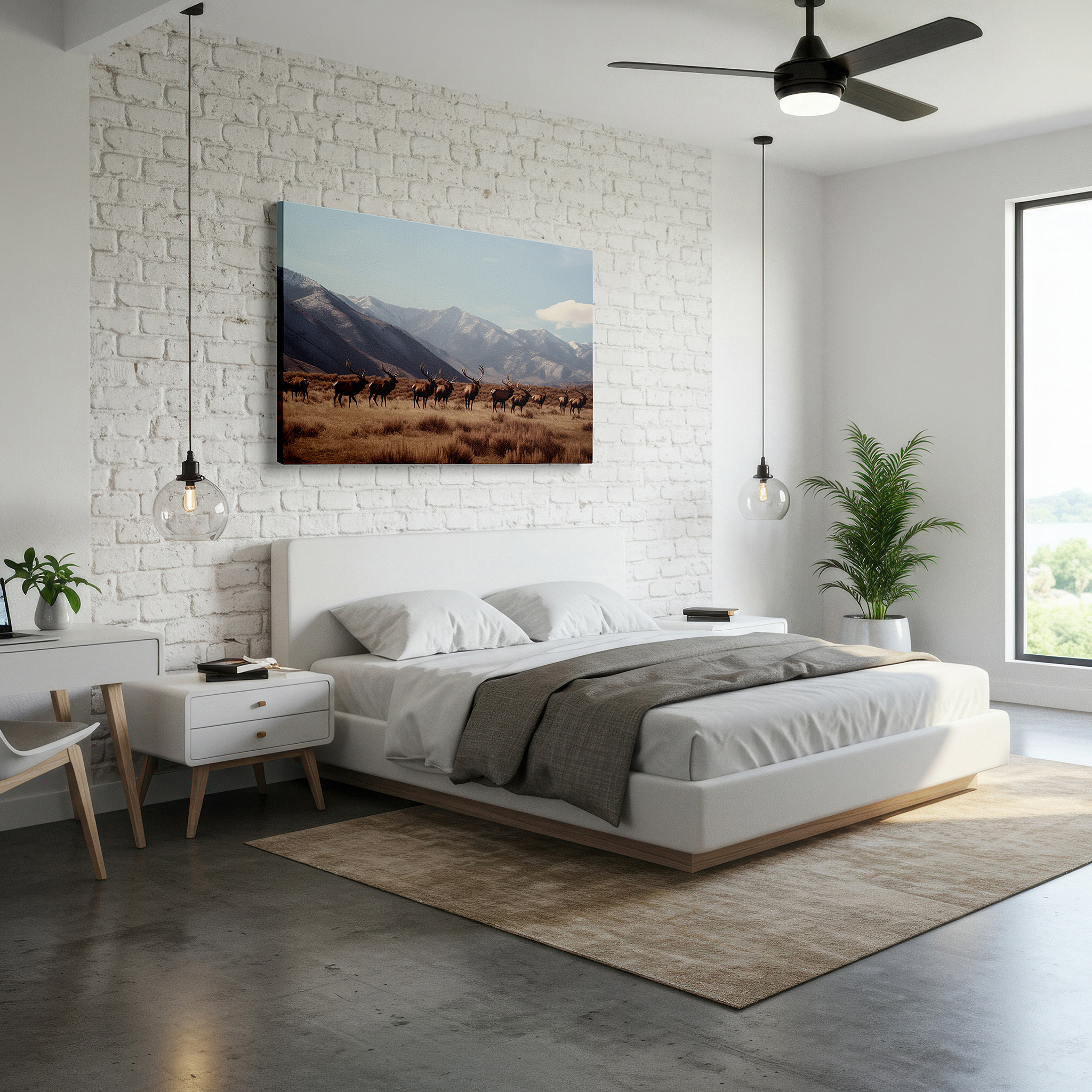 Balanced between two tall indoor plants near a window — majestic elk herd grazing in serene mountain landscape - large canvas wall art for office, bedroom, and living room decor