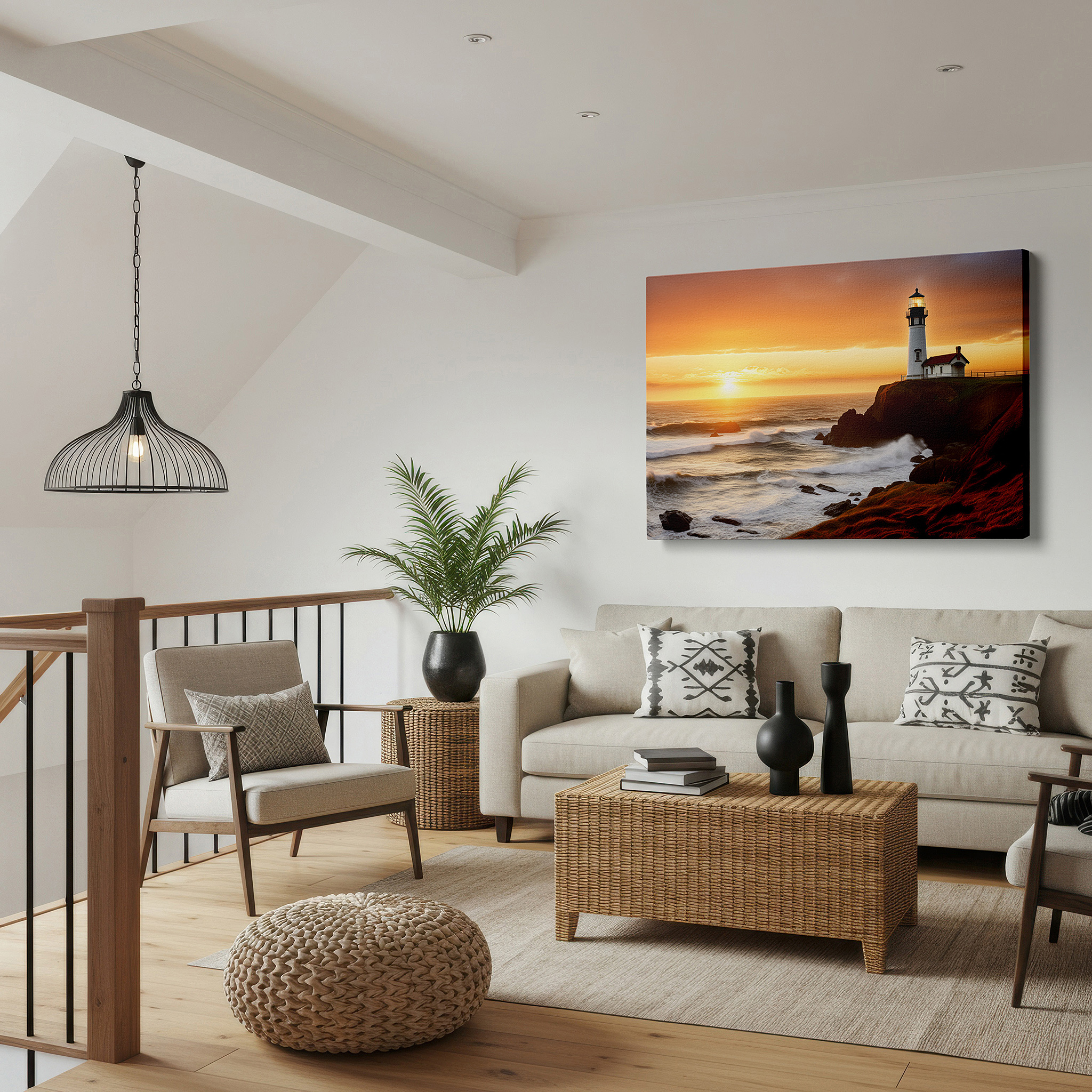 Balanced between two tall indoor plants near a window — majestic lighthouse: a beacon of hope amidst nature's fury - stormy seas large wall art, canvas wall art, wall decor for office and bedroom