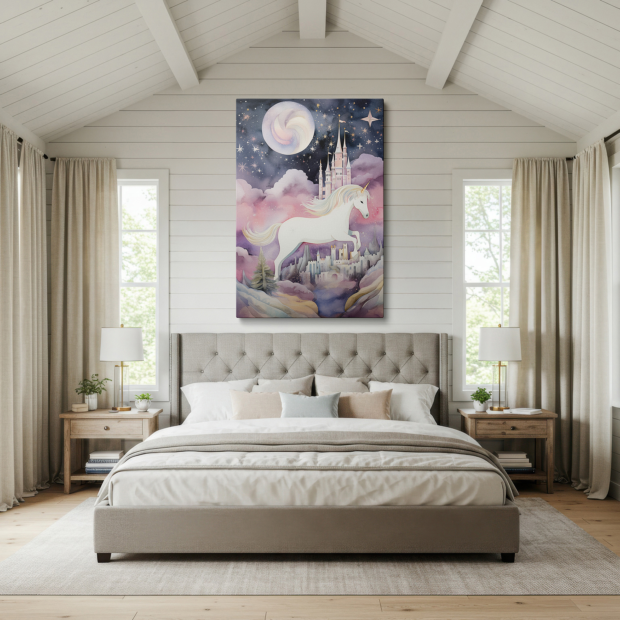 Balanced between two tall indoor plants near a window — majestic unicorn twilight leap wall art, silver mane and moonlit castle canvas, decorative wall art for office and bedroom