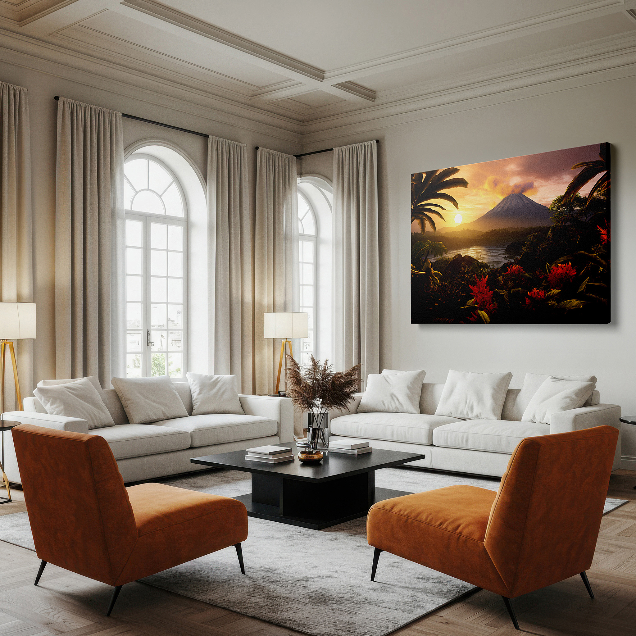 Balanced between two tall indoor plants near a window — majestic volcano amidst lush tropical landscape at dawn or dusk - large canvas wall art for office, bedroom, and living room decor
