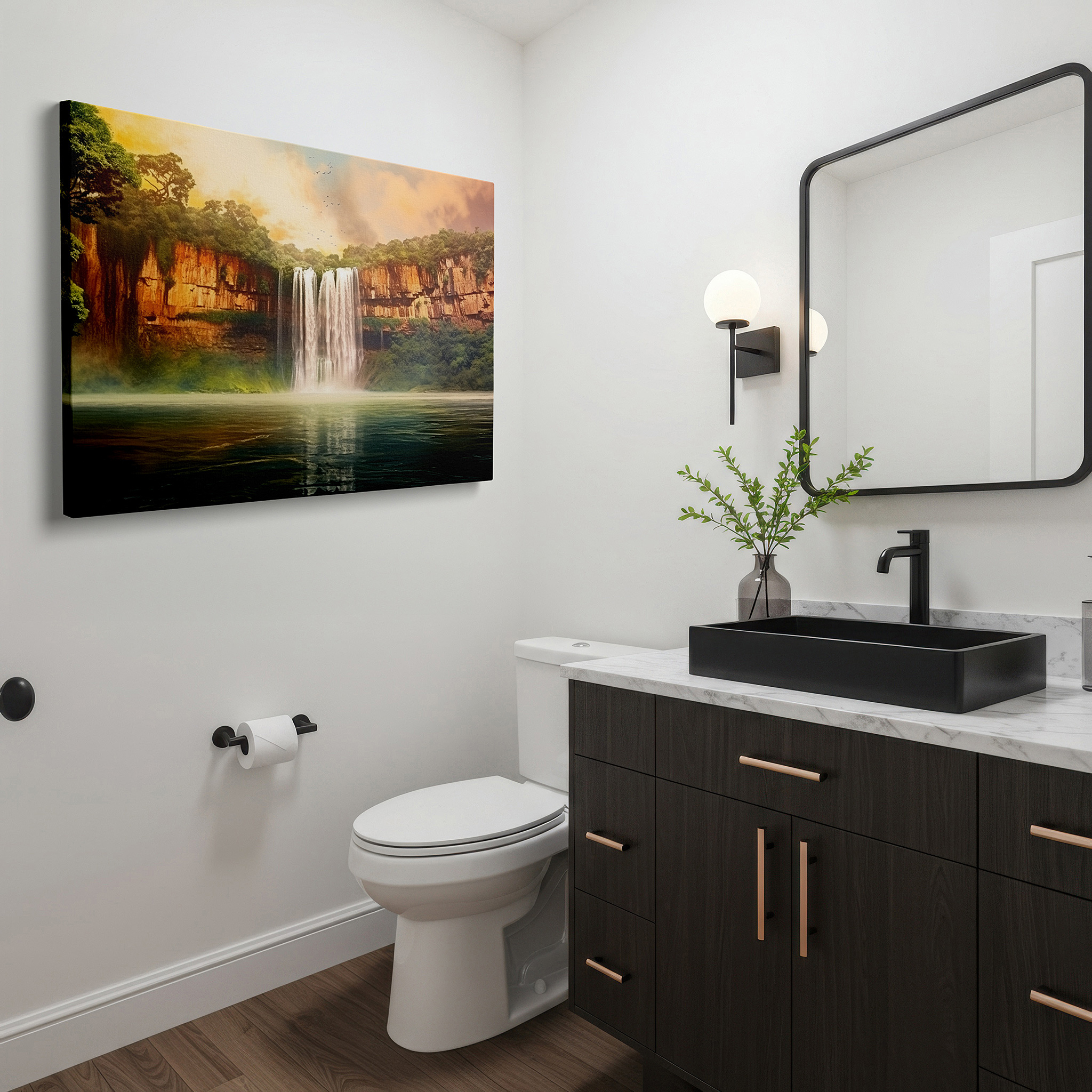 Balanced between two tall indoor plants near a window — majestic waterfall canvas wall art: rugged cliffs and lush greenery illuminated by sunset hues