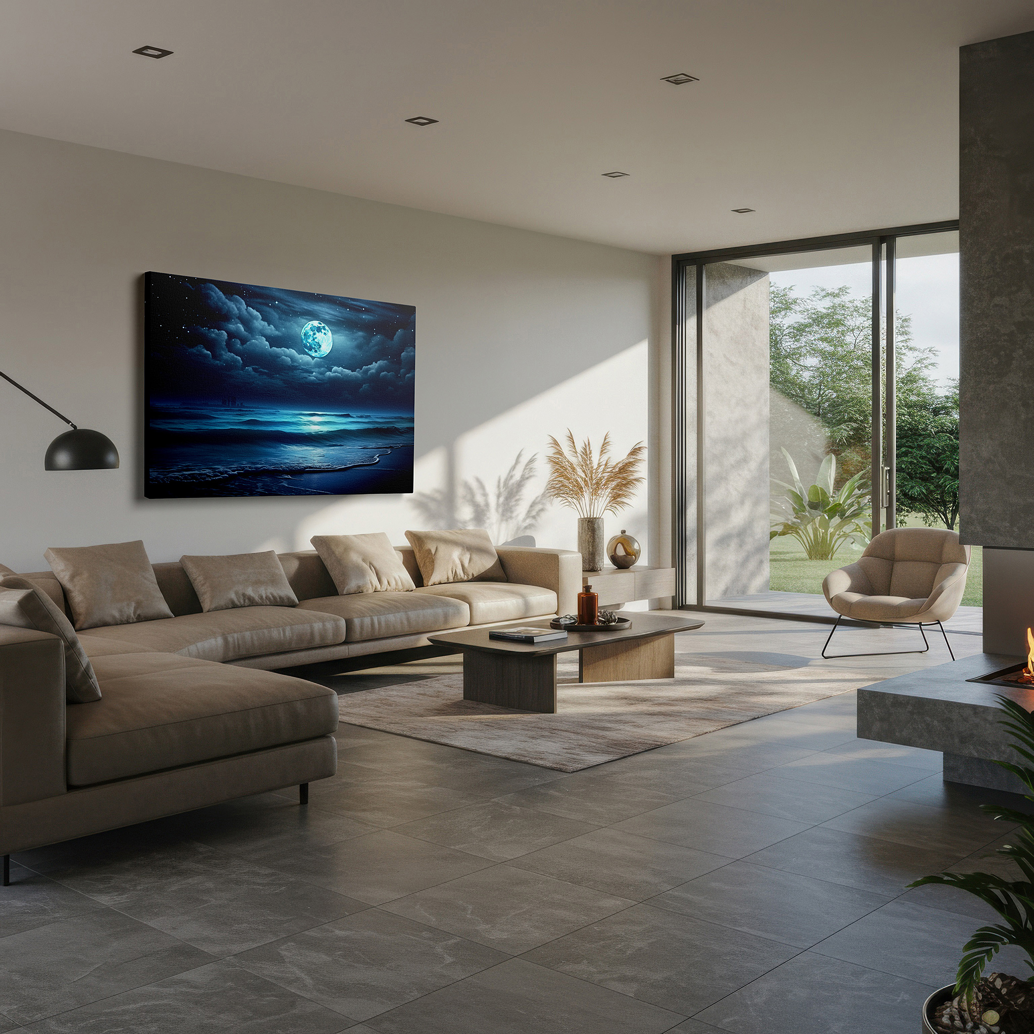 Balanced between two tall indoor plants near a window — moonlit seascape: serene glow of a tranquil ocean under starry skies - large canvas wall art for office and bedroom decor