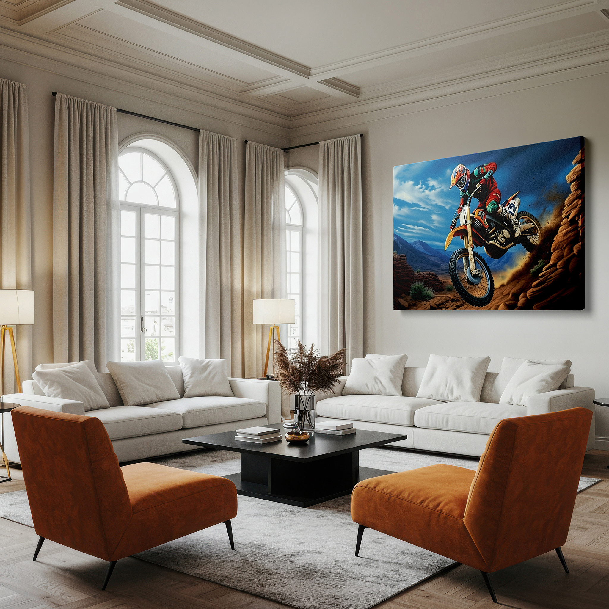 Balanced between two tall indoor plants near a window — motocross racing excitement frozen mid-air over tough terrain - large wall art, canvas, decor for office and bedroom