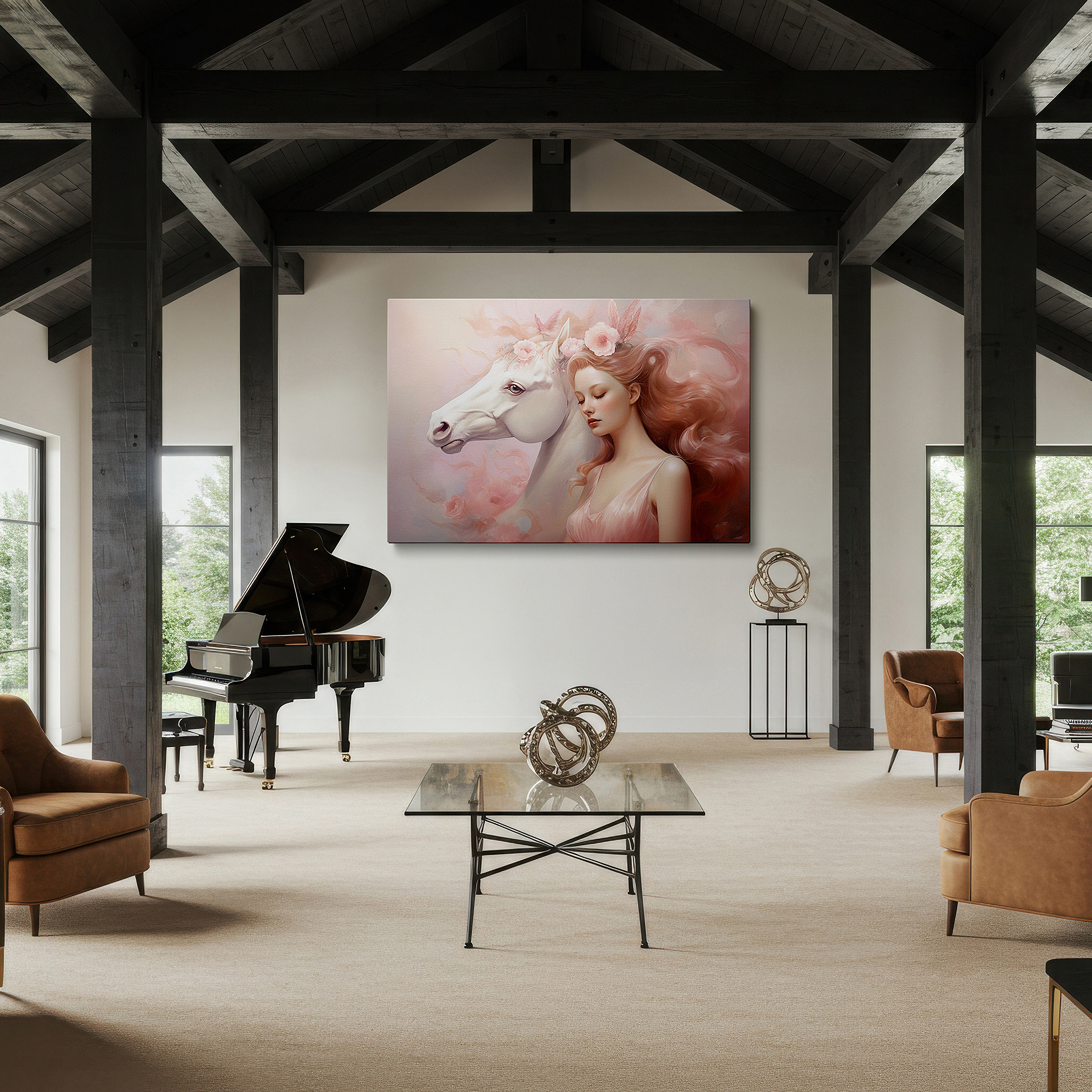 Balanced between two tall indoor plants near a window — mystical elegance and dreamlike charm in the fusion of woman and mythical horse: large wall art, canvas wall art, wall decor for office and bedroom