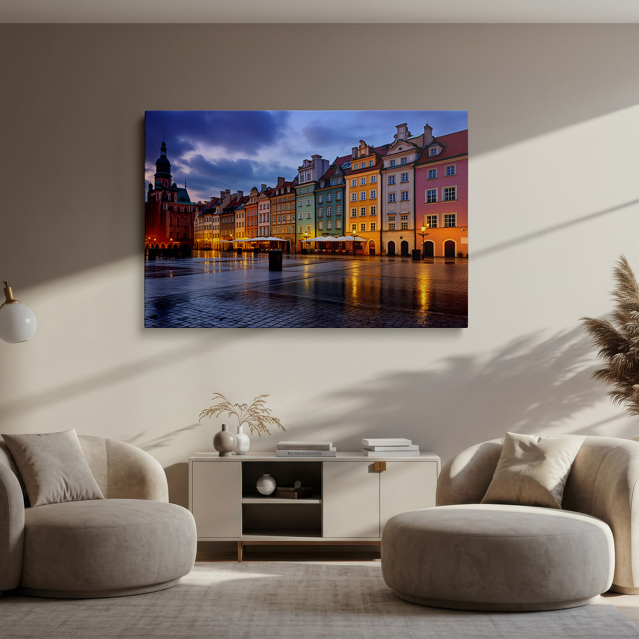 Balanced between two tall indoor plants near a window — old town square at dusk: a captivating fusion of historic charm and city life - large wall art, canvas wall art, wall decor for office