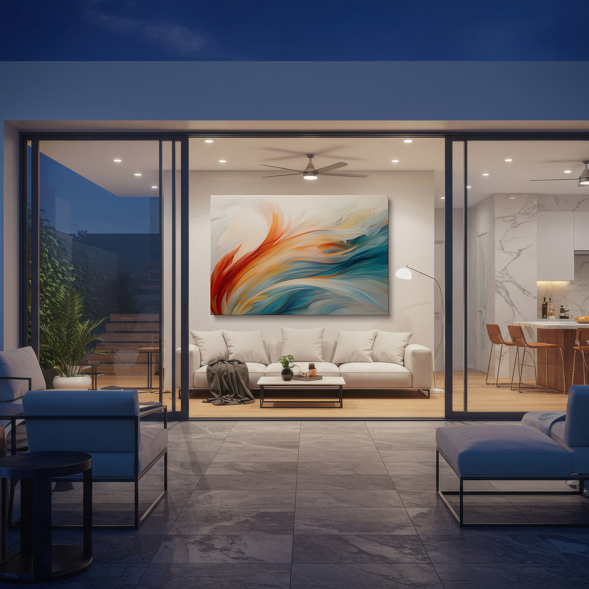 Balanced between two tall indoor plants near a window — orange, blue, and white ethereal waves - tranquil abstract masterpiece for modern spaces: large wall art, canvas wall art, wall decor for offices