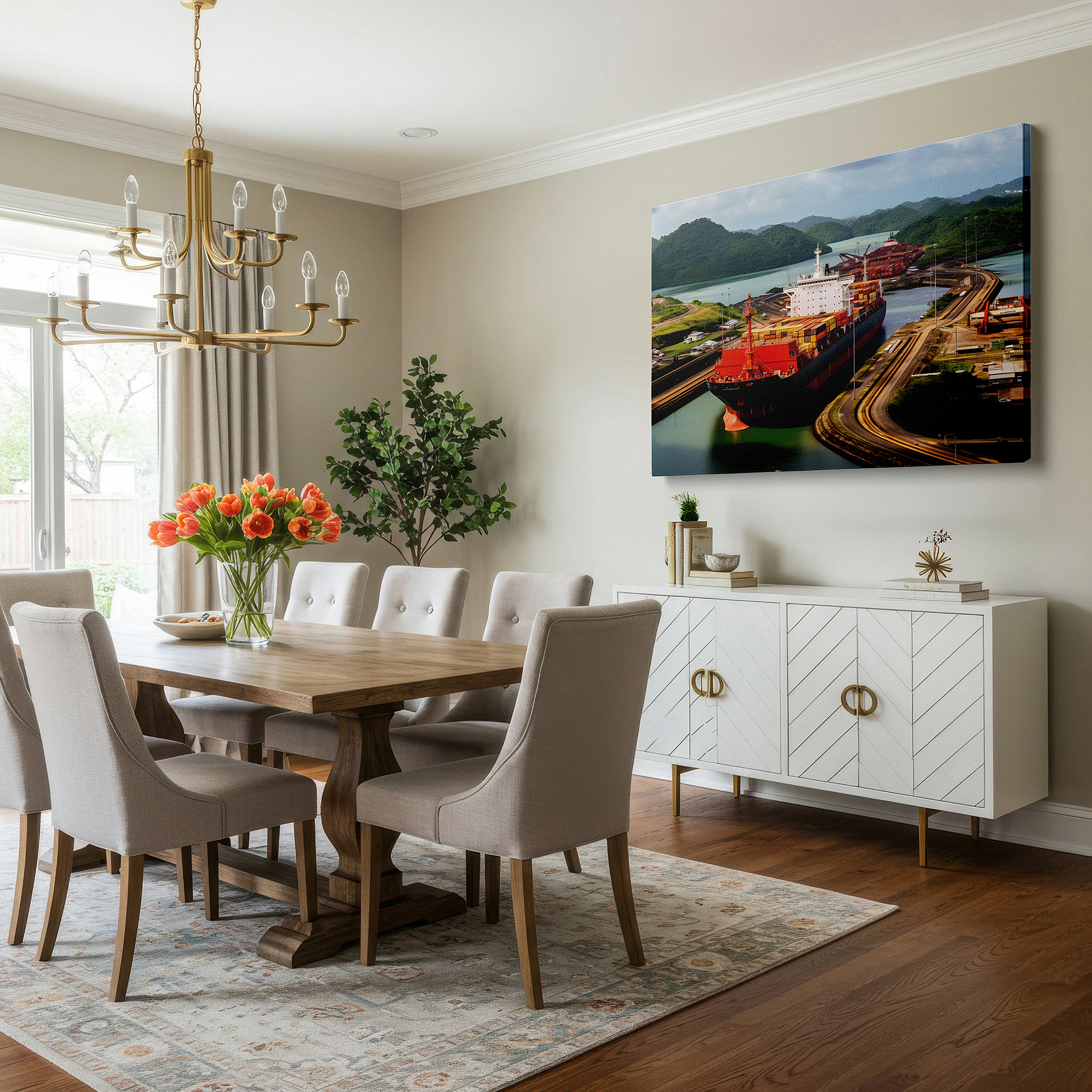 Balanced between two tall indoor plants near a window — panama canal large wall art: a perfect fusion of engineering and nature, ideal for office, bedroom, and living room decor