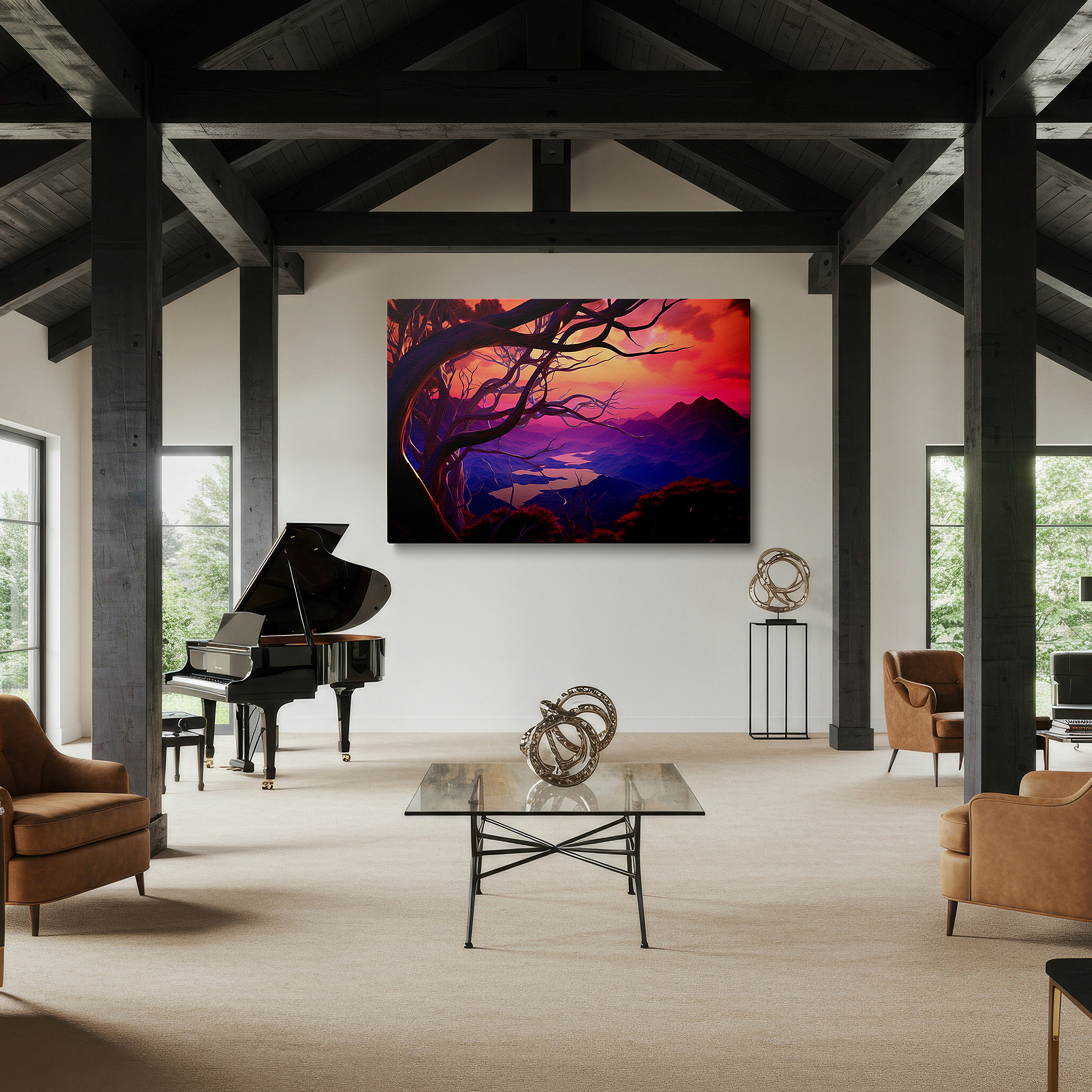 Balanced between two tall indoor plants near a window — pink and purple ethereal landscape with tranquil trees and majestic mountains, large canvas wall art for office and bedroom decor